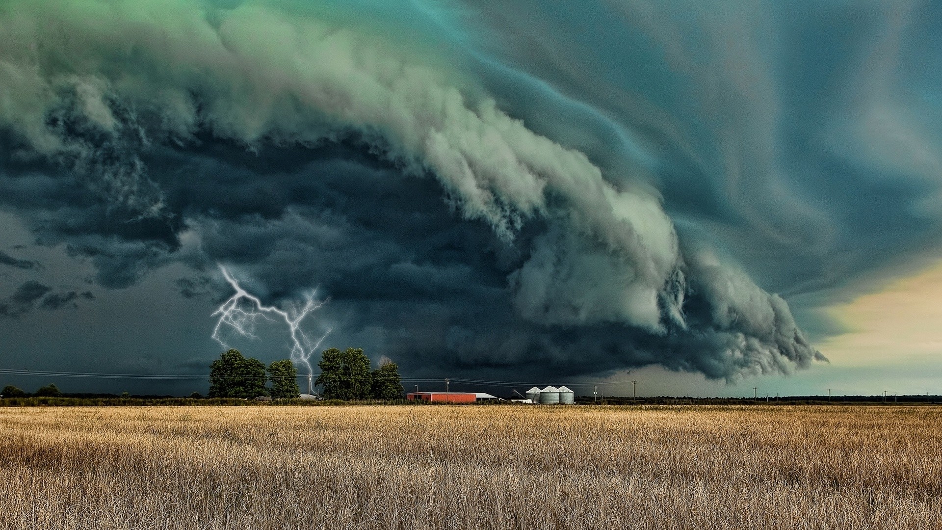 1920x1080  Wallpaper tornado, lightning, category, field, bad weather,  constructions, wires