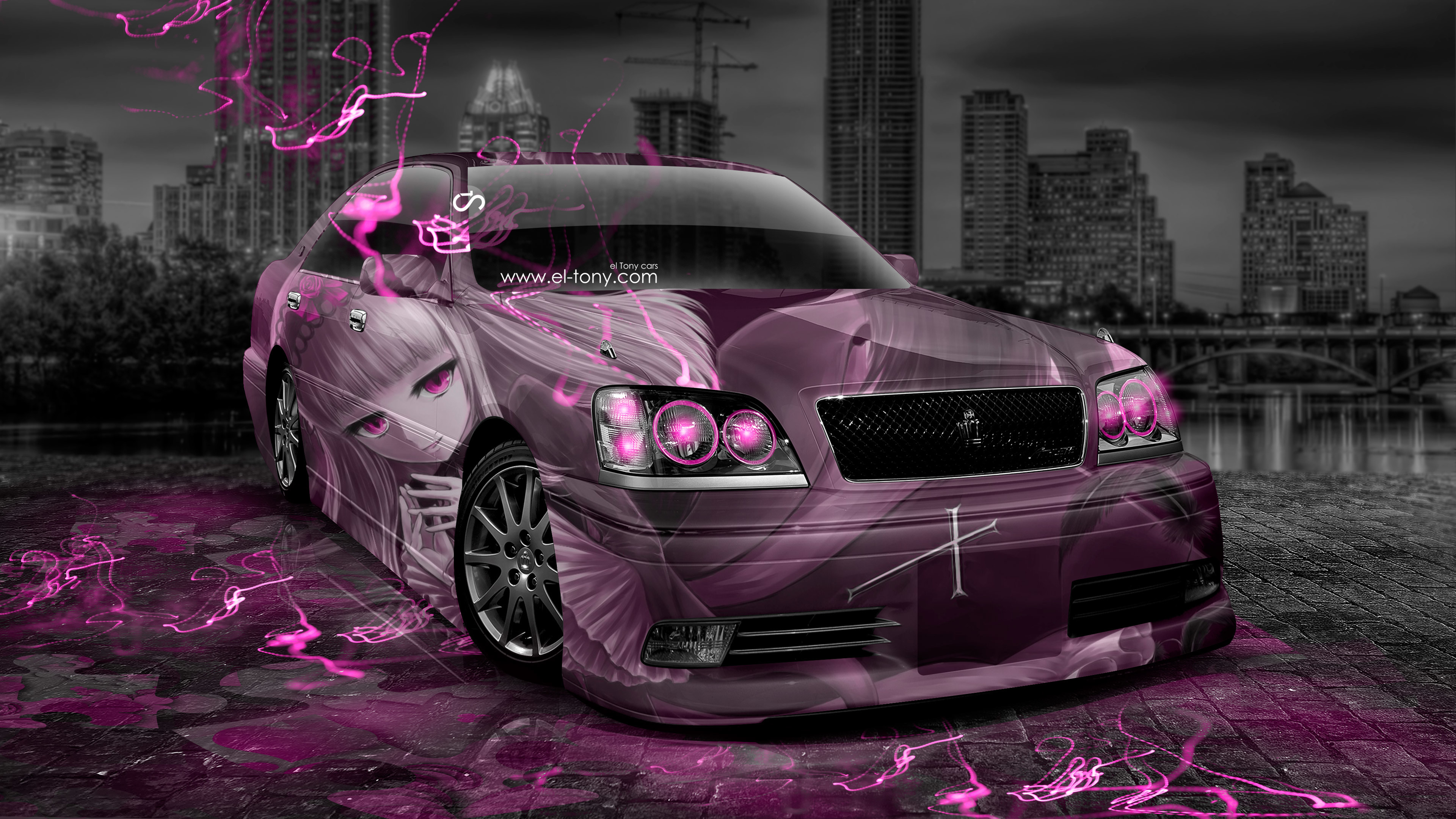 3840x2160 CATEGORY Cars, Wallpapers Â·  Toyota-Crown-Athlete-JDM-Anime-Girl-Aerography-City-