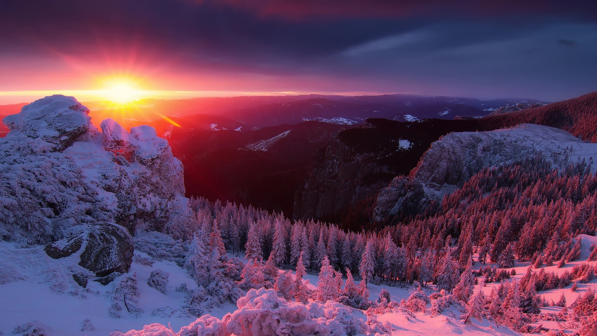 1920x1080  Wallpaper alps, mountains, winter, sunset