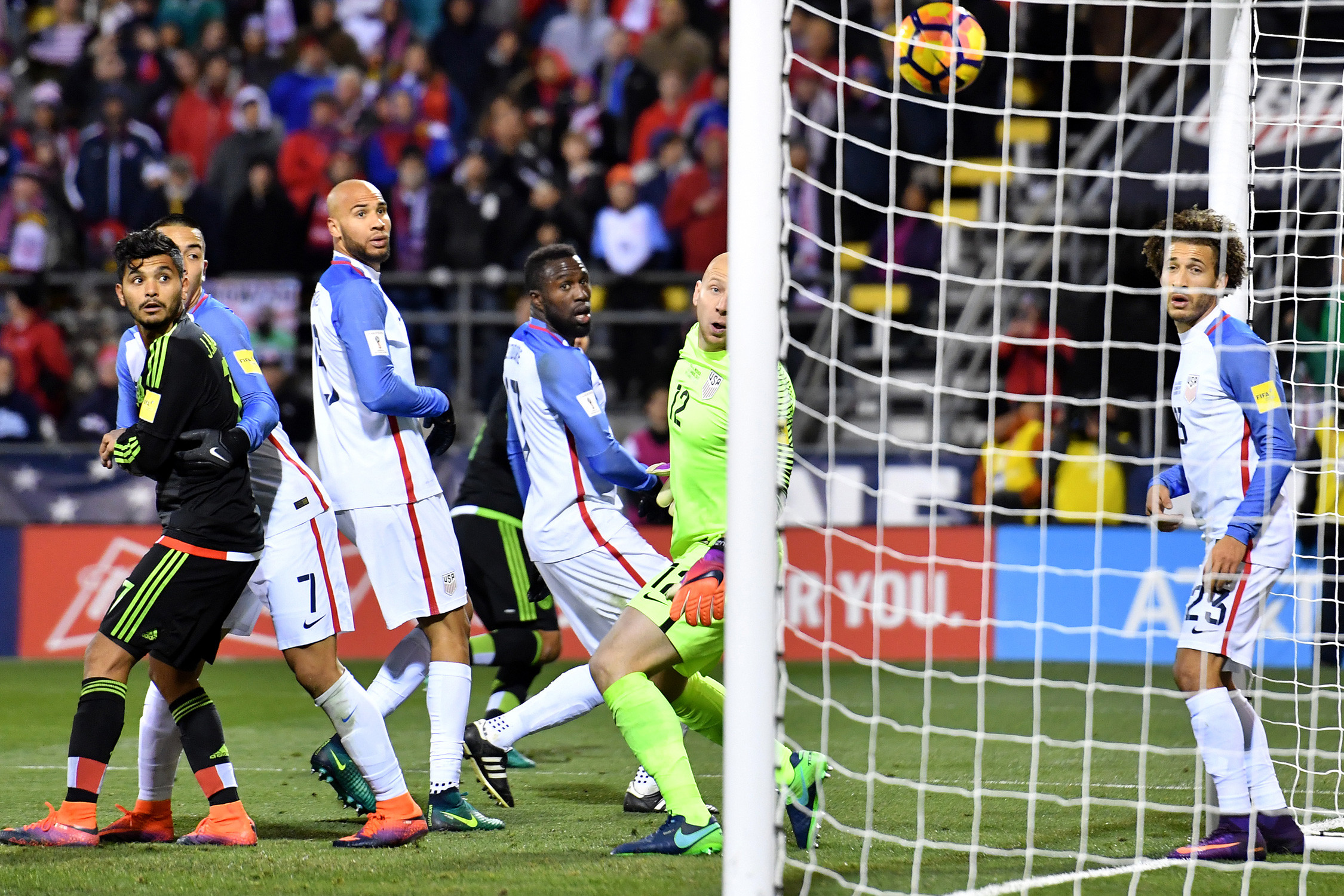 2250x1500 USA and Mexico players watch Rafa Marquez's 89th-minute header find the net  in a