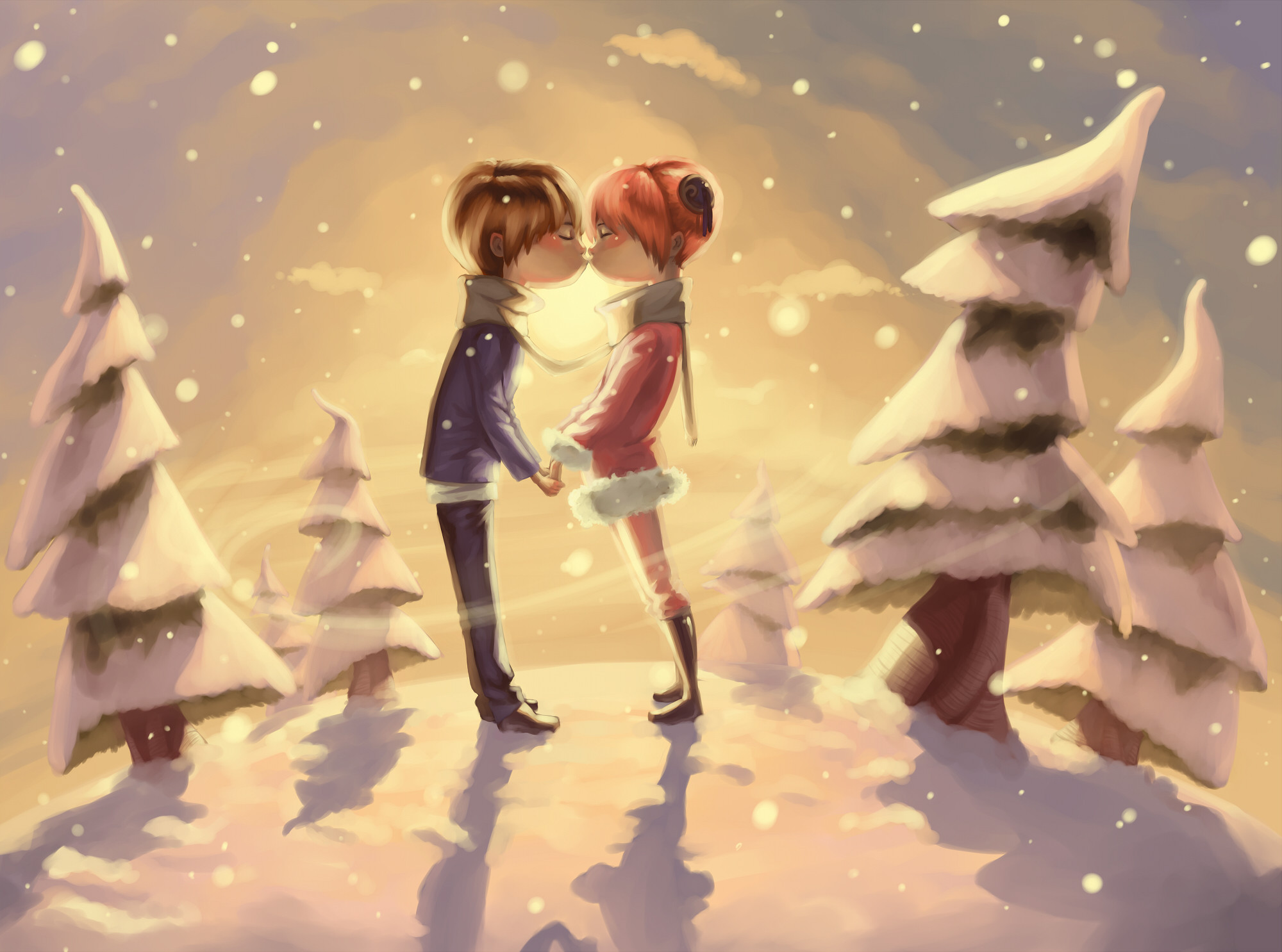 2000x1486 Winter Couple Romantic Kiss In Pine Forest Cartoon