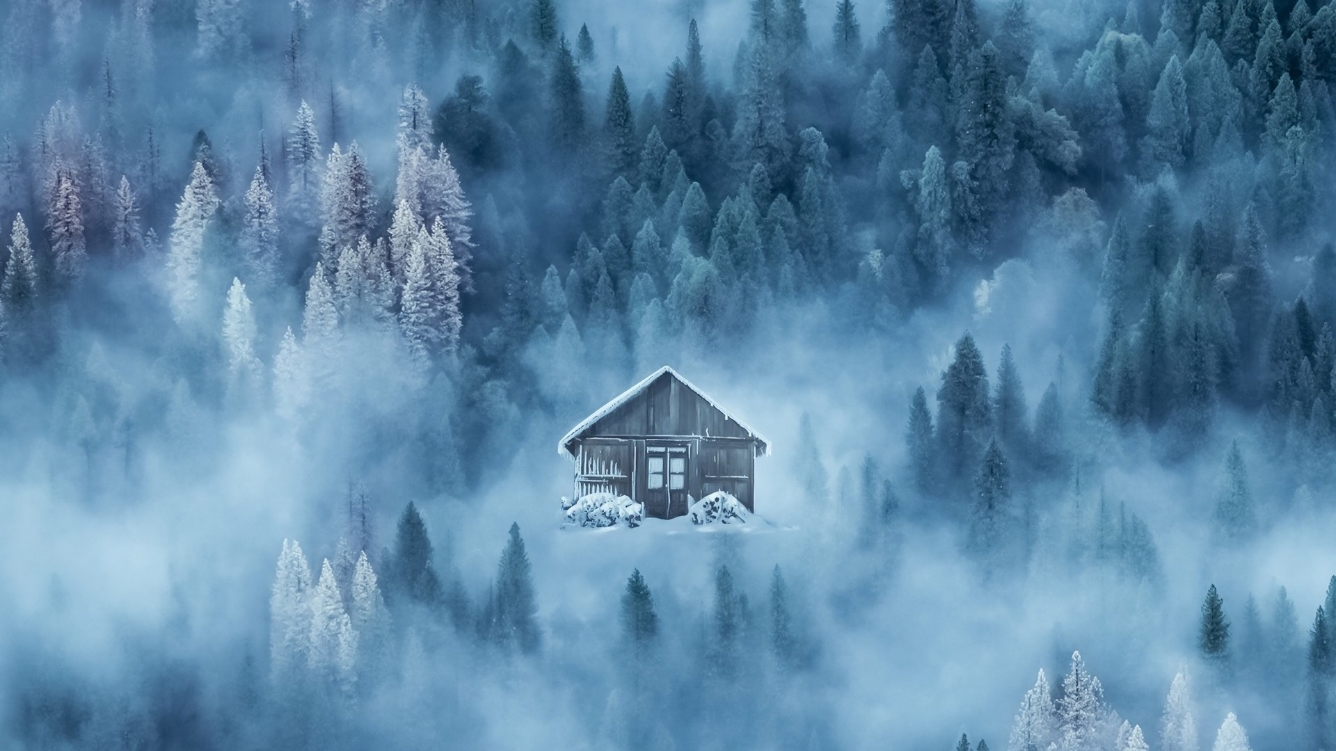 1920x1080  Wallpaper house, fog, snow, winter, forest
