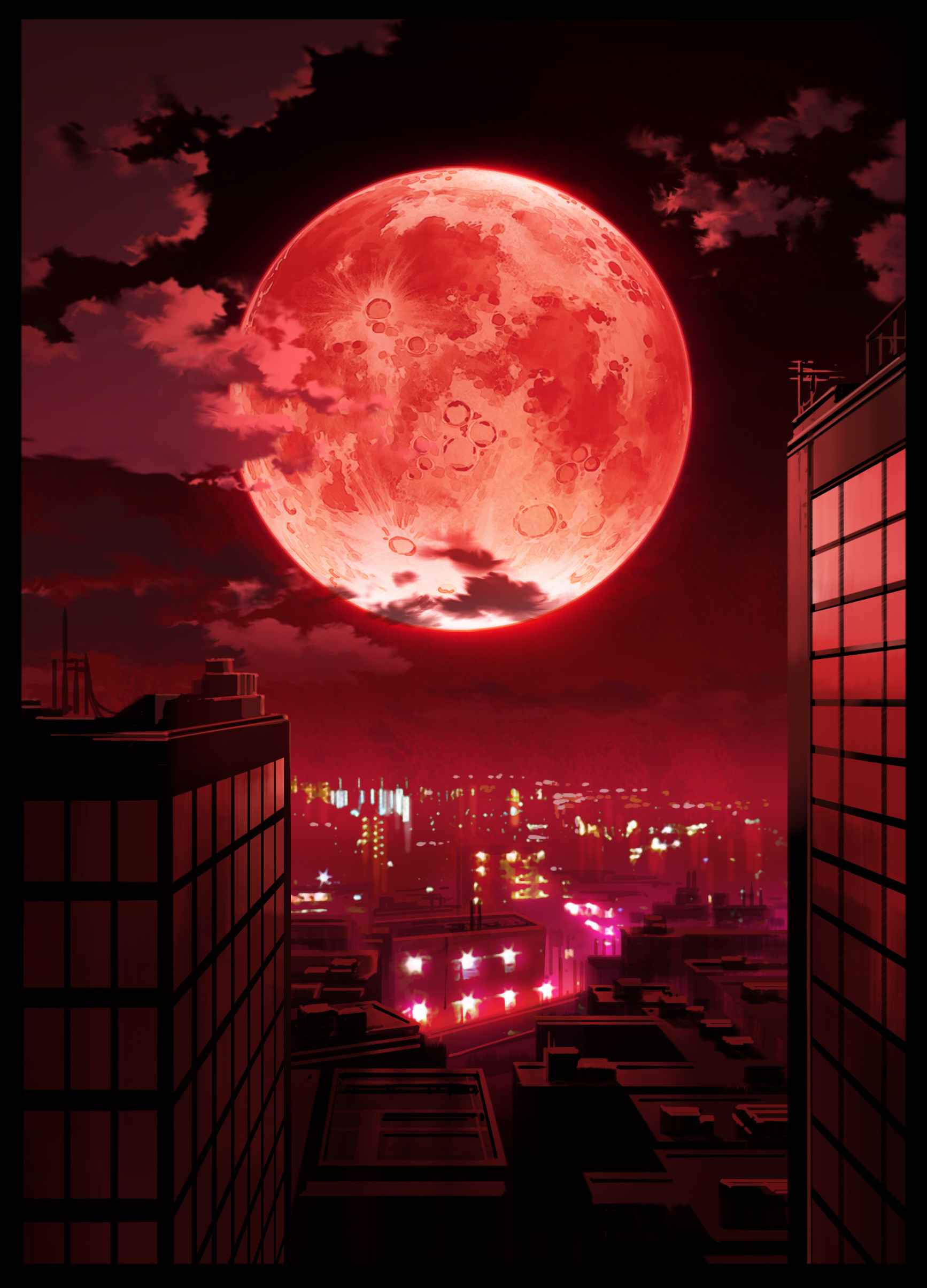 1734x2408 Tags: Anime, Technoheart, Roof, City Lights, Red Moon, Mobile Wallpaper