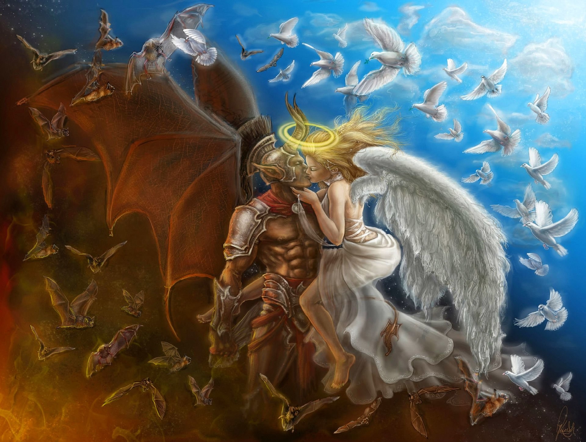 1920x1450 Fantasy - Love Good vs. Evil Angel Demon Oocult Dove Bat Wallpaper