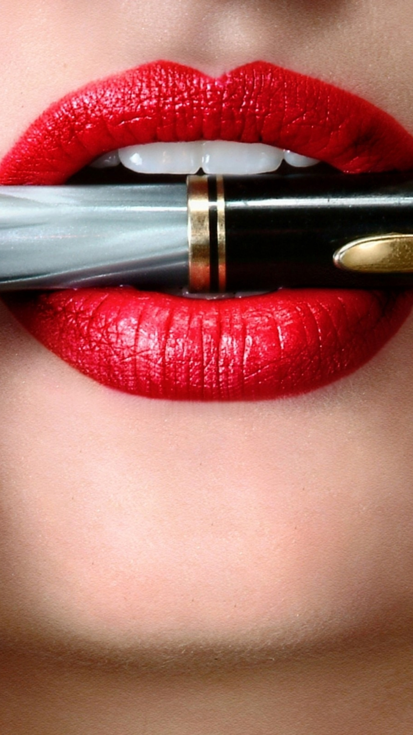 1440x2560  Wallpaper hand, lips, girl, pen, lipstick, nail polish