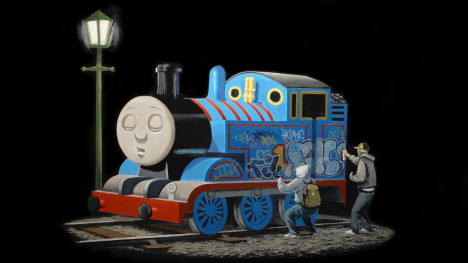 1920x1080 blue Thomas Train painting, humor, Thomas & Friends, graffiti HD wallpaper