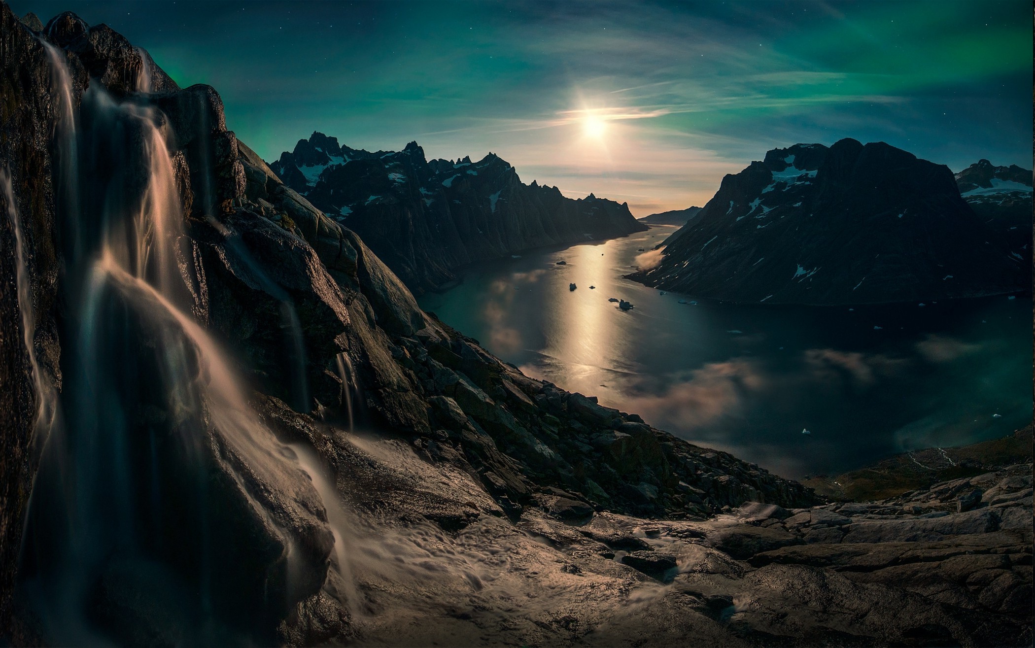 2100x1315 nature, Landscape, Moon, Waterfall, Sky, Mountain, Fjord, Snowy Peak,  Greenland, Moonlight, Reflection, Stars, Nude Wallpapers HD / Desktop and  Mobile ...