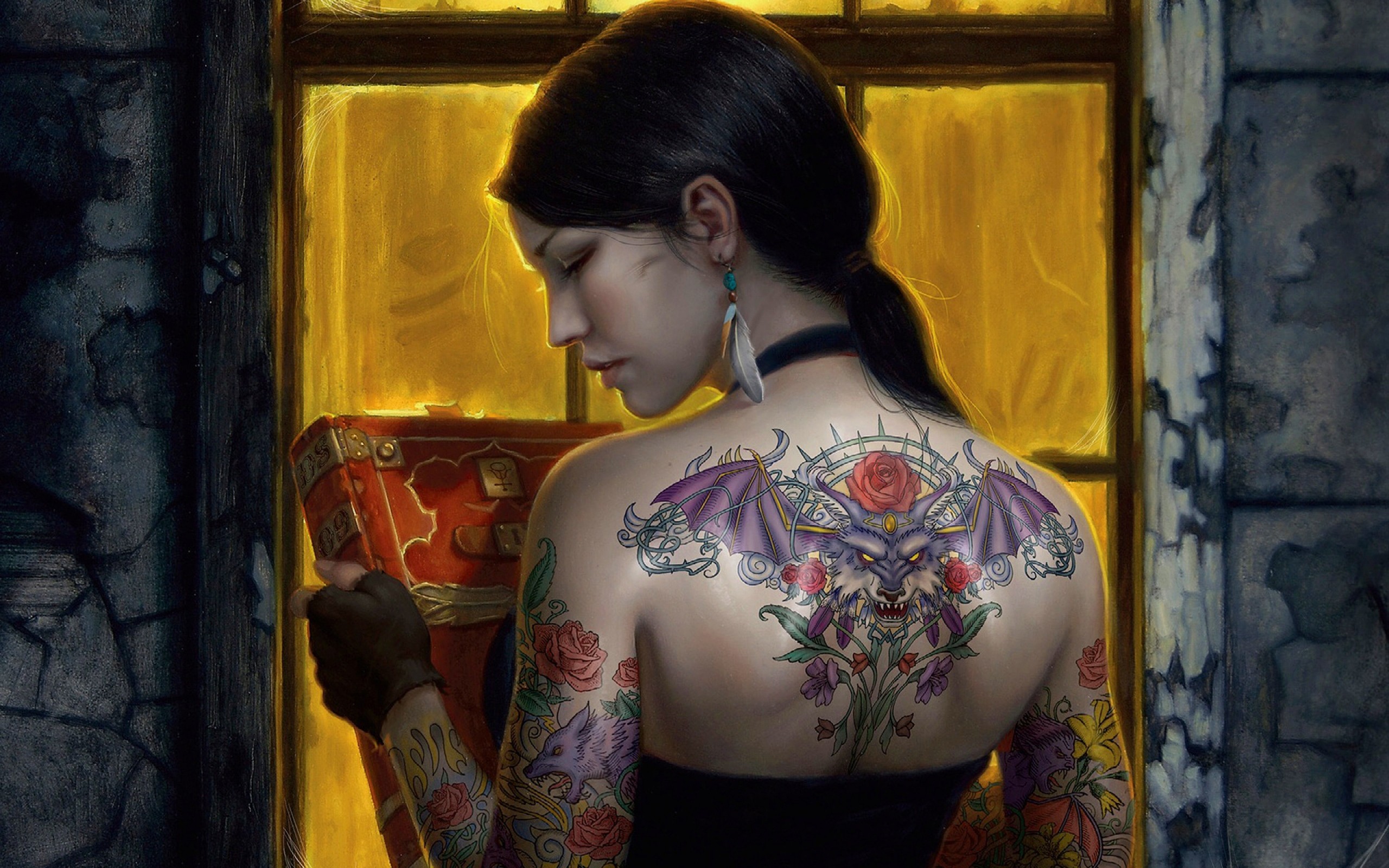 2560x1600  Wallpaper girl, tattoos, back, book, turn
