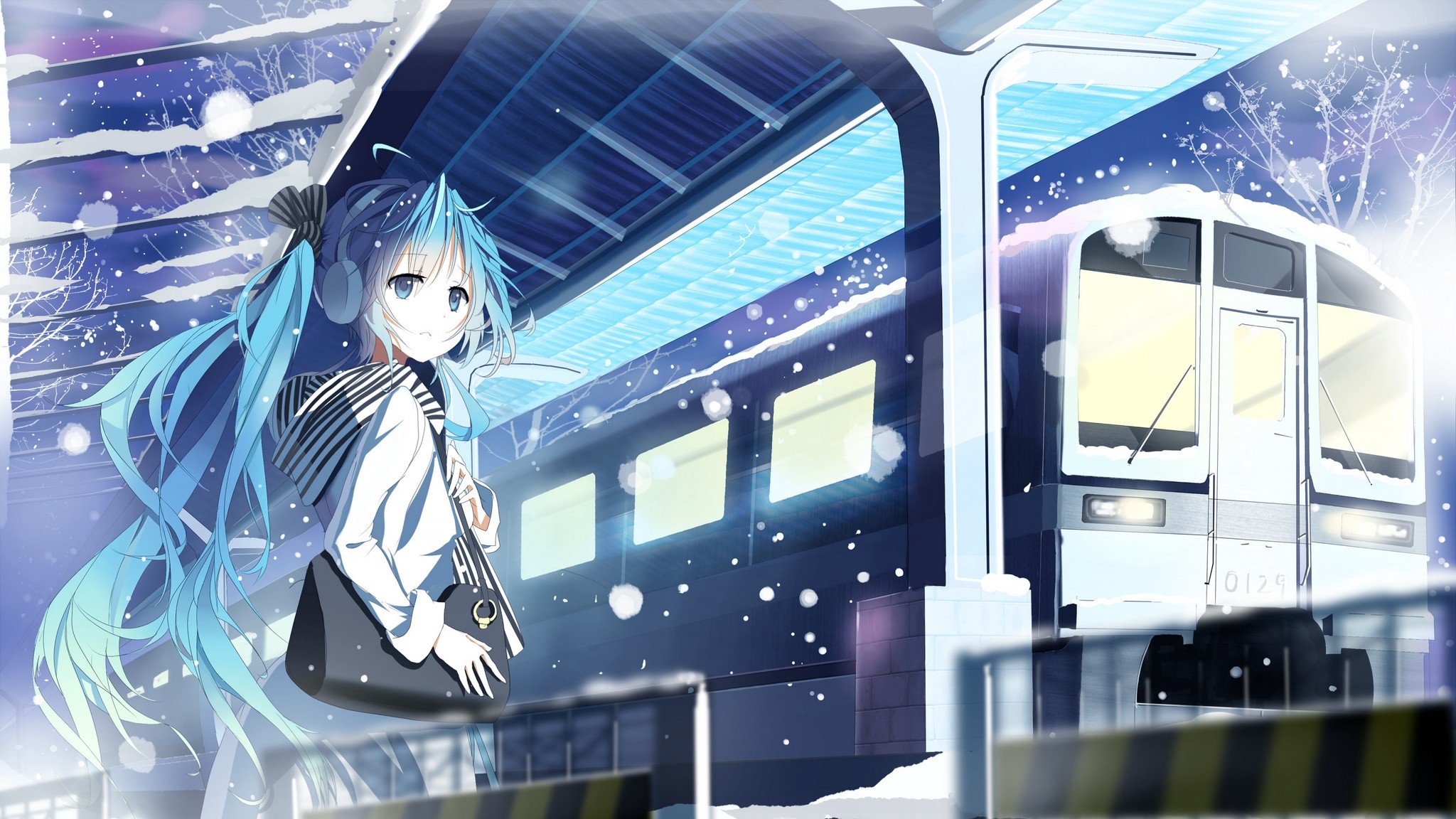 2048x1152  Wallpaper siji, vocaloid, hatsune miku, station, train, girl, snow