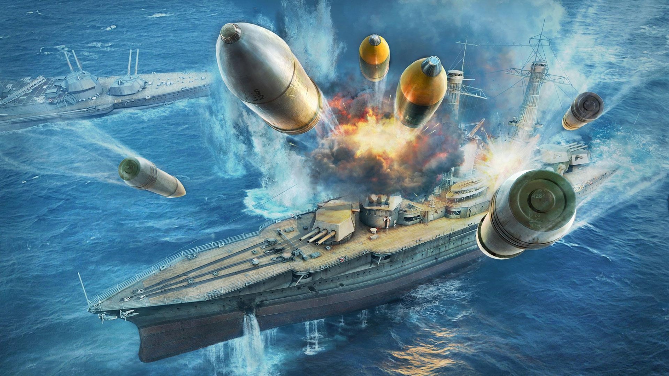 2560x1440 Preview wallpaper world of warships, wargaming net, ships, explosion  