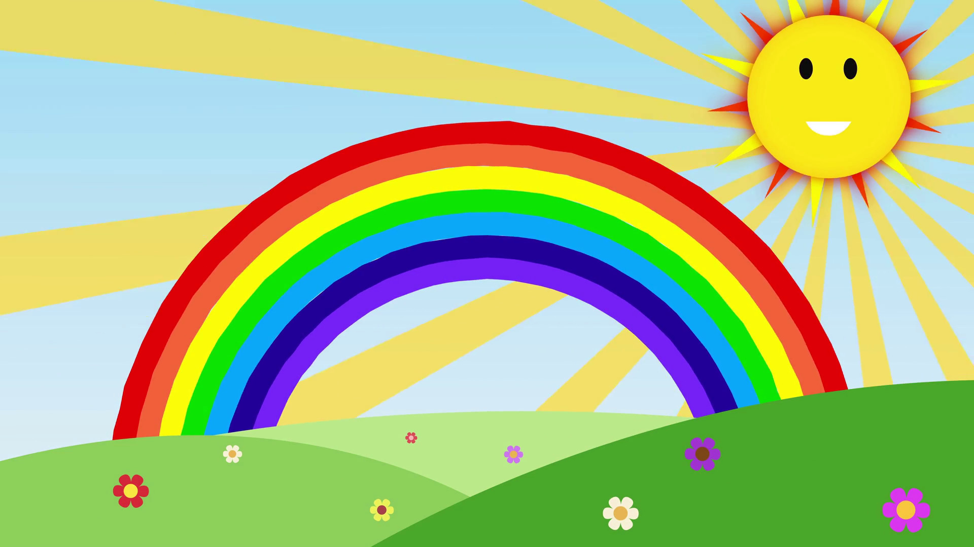 1920x1080 cute cartoon animation of smiling sun with colorful rainbow over the hills  with space for your text or logo. sun and rainbow seamless loop.