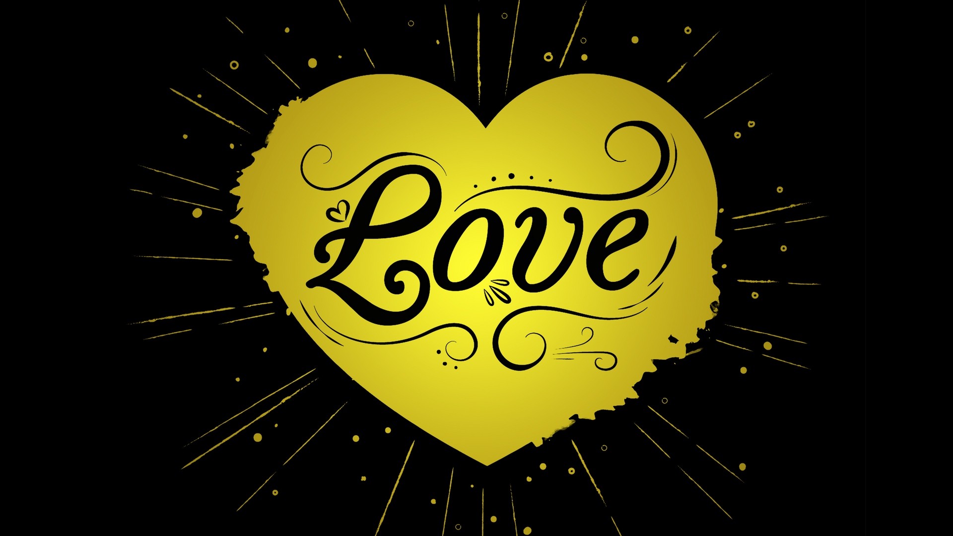 1920x1080  Wallpaper heart, love, inscription, vector, rays, black, yellow