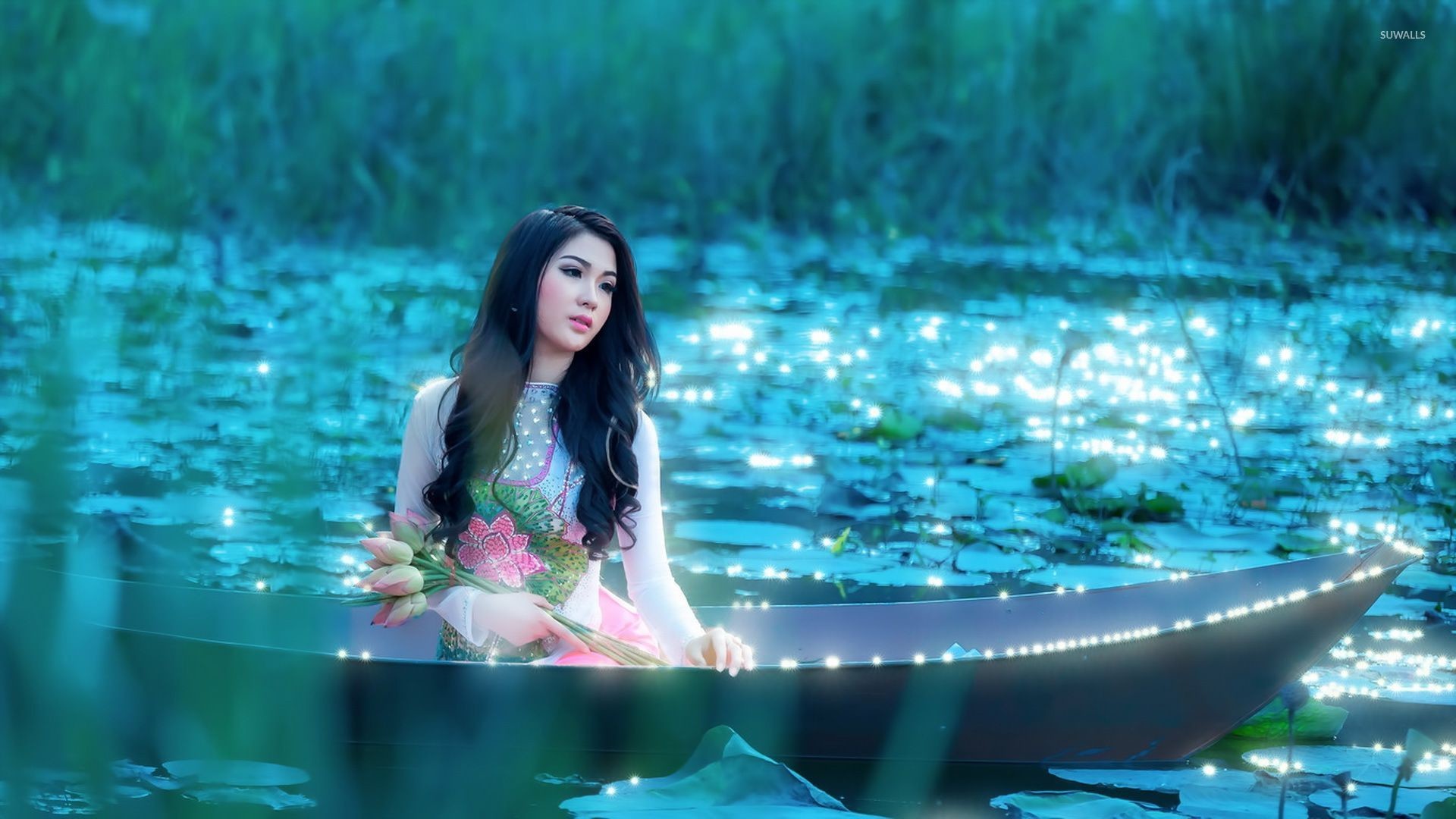 1920x1080 Girl with flowers sitting in the boat wallpaper