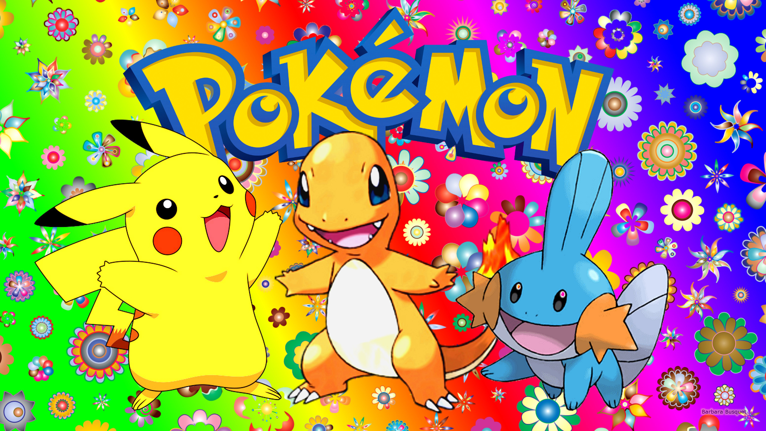 2560x1440 Colorful Pokemon wallpaper with Pikachu, Charmander and Mudkip.