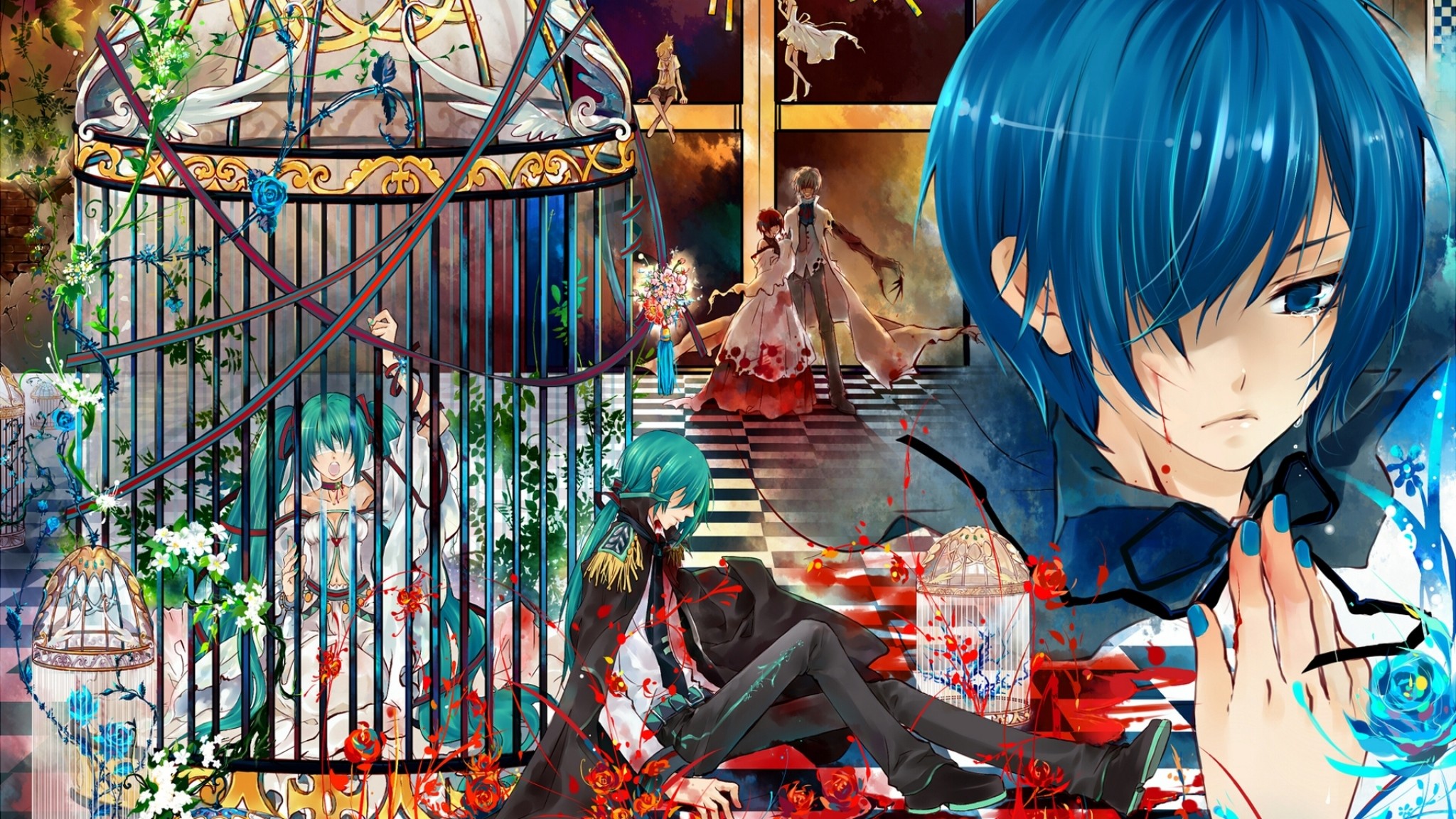 2048x1152  Wallpaper vocaloid, kaito, tears, cell, blood