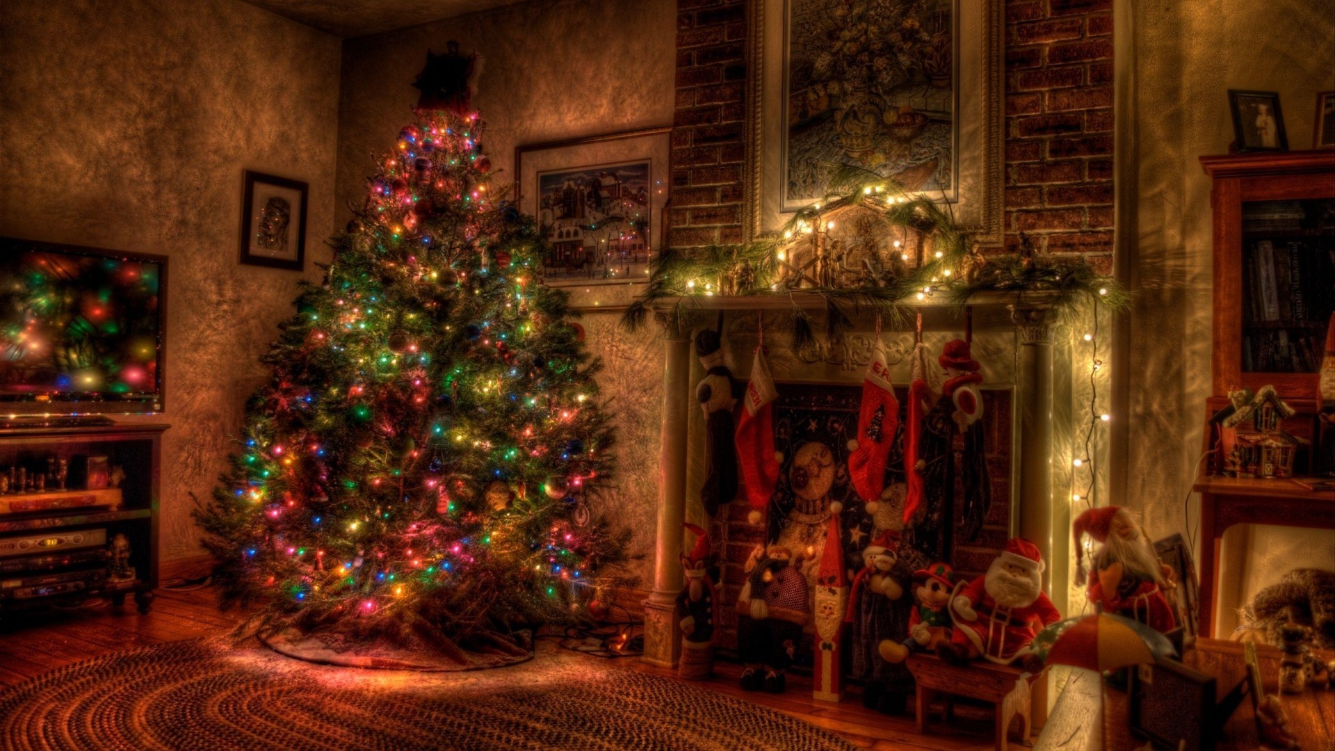 1920x1080 Preview wallpaper tree, christmas, holiday, garland, fireplace, toys,  stockings 