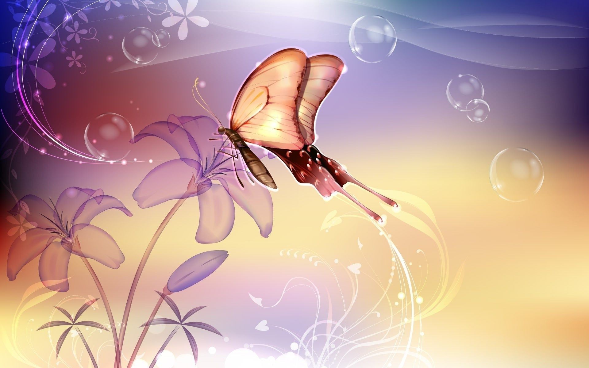 1920x1200 3d flower butterfly background bubbles swirls. Android wallpapers for free.