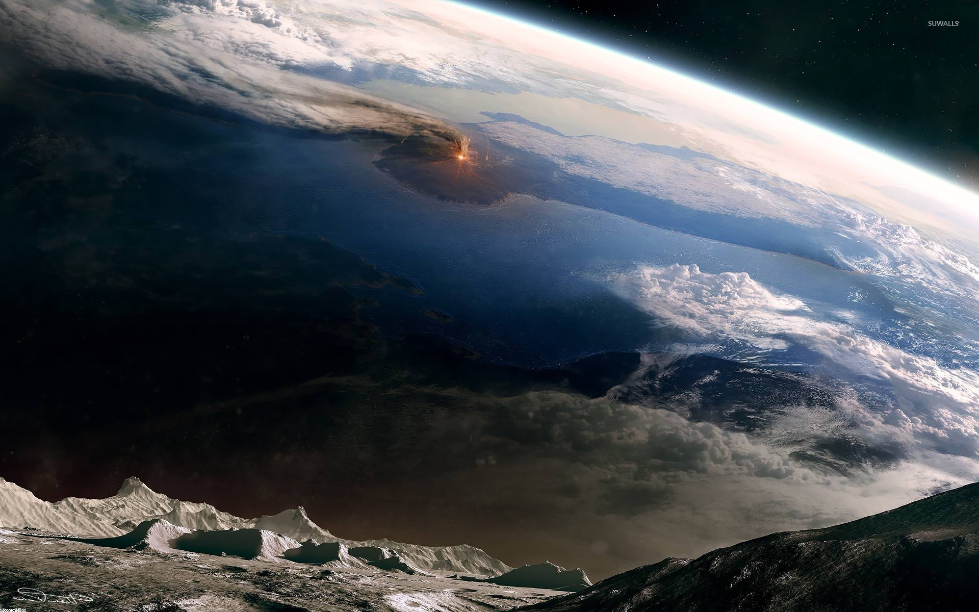 1920x1200 Volcano eruption view from the moon wallpaper