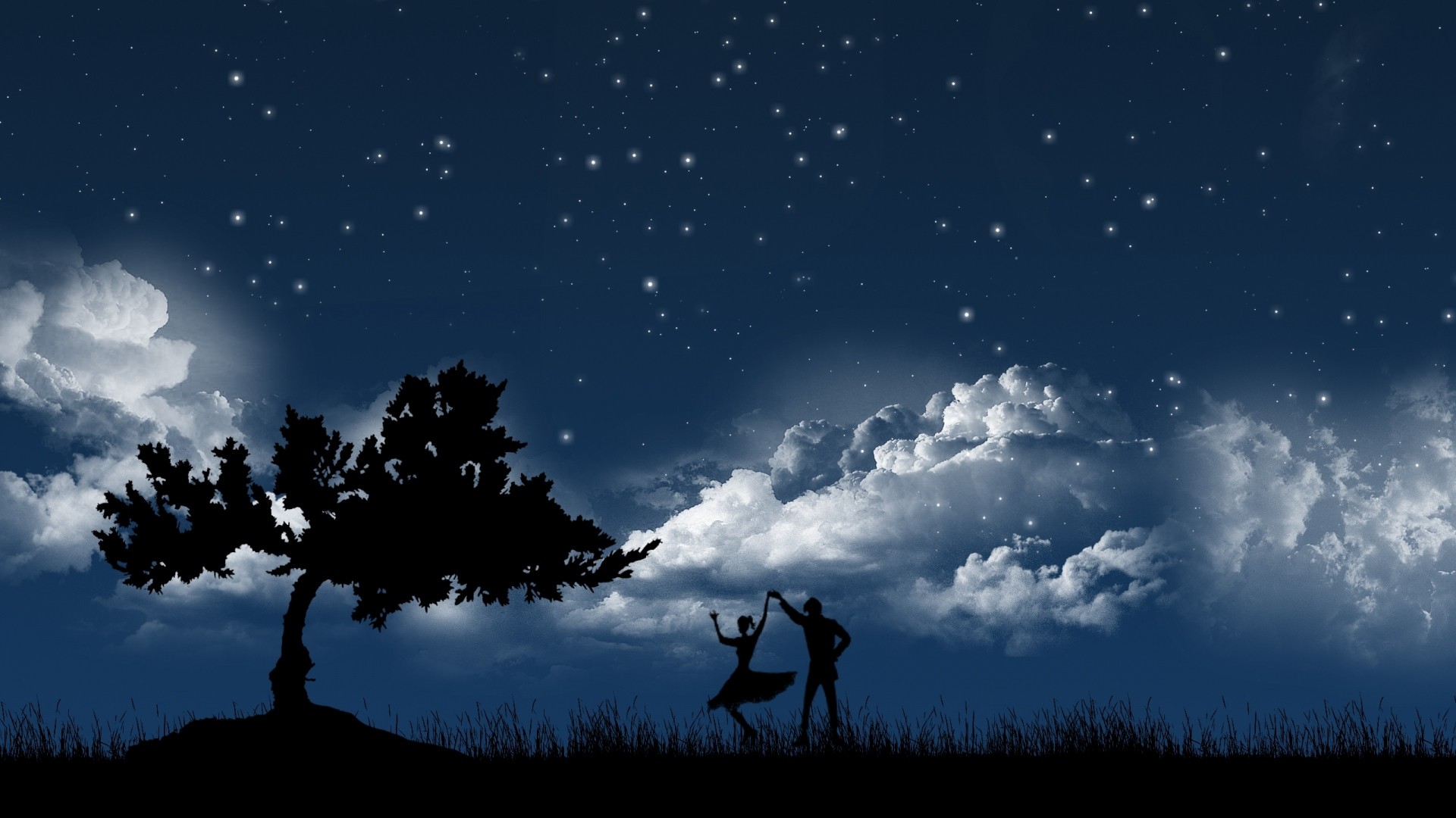 1920x1080 Preview wallpaper couple, dance, sky, night, tree, silhouettes 