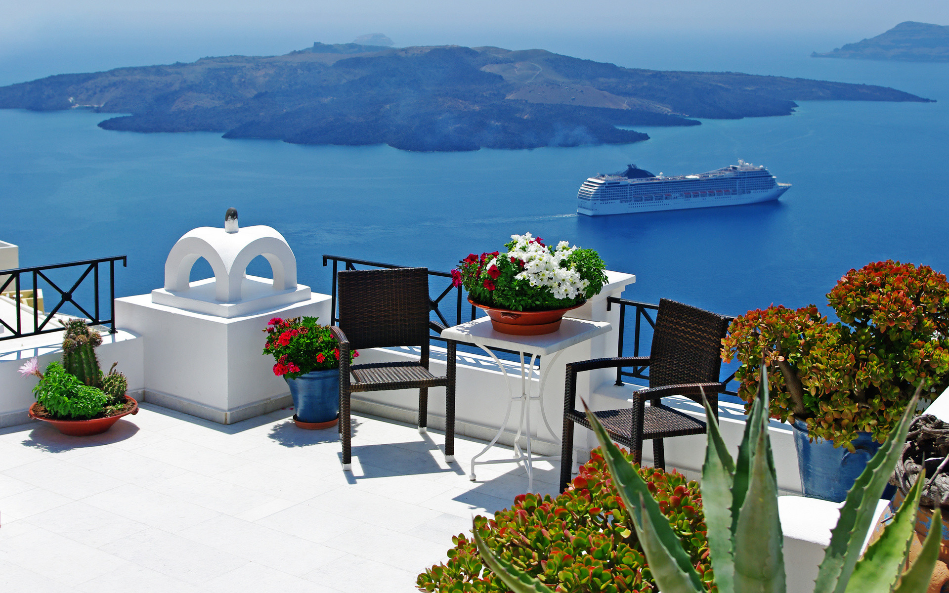 1920x1200 Fotografie - Szene Aegean Blau Chair Cyclades Griechenland Greek Insel  Mediterranean Mykonos Relax Roof Santorini Sea