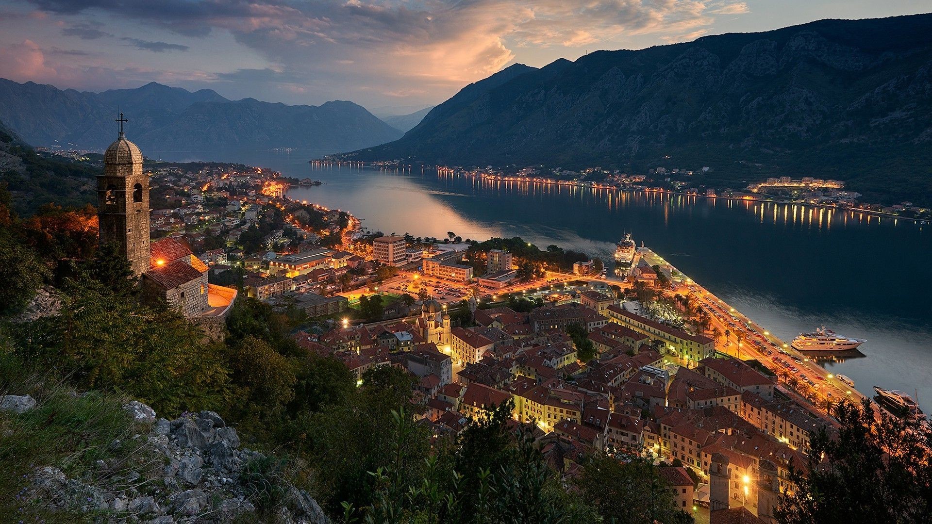 1920x1080 Montenegro, Kotor (town), Mountain, Building, Lights, Landscape .