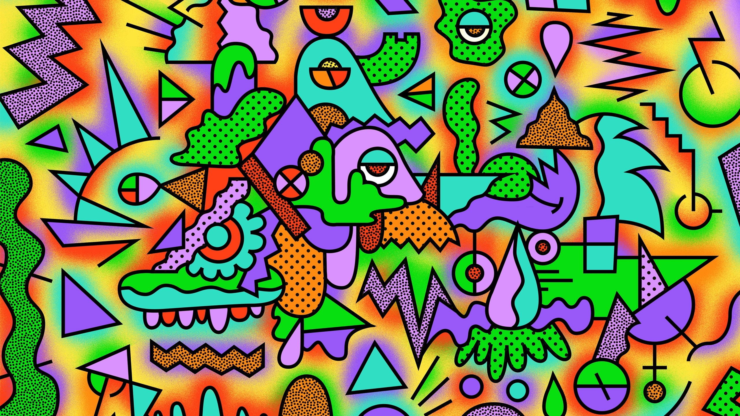 2560x1440  Wallpaper figurines, colorful, drawing, acid