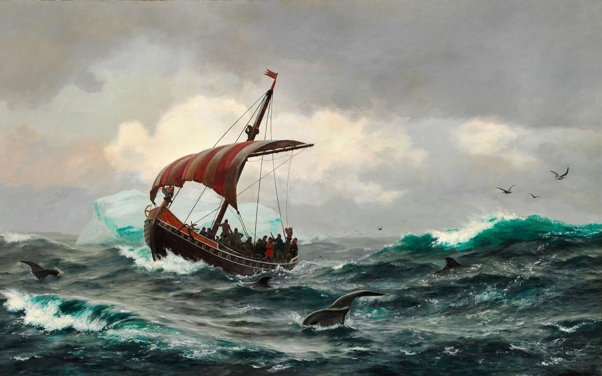 1920x1200 Vikings, Ship, Longships, Sailing ship, Sea, Waves, Artwork, Greenland