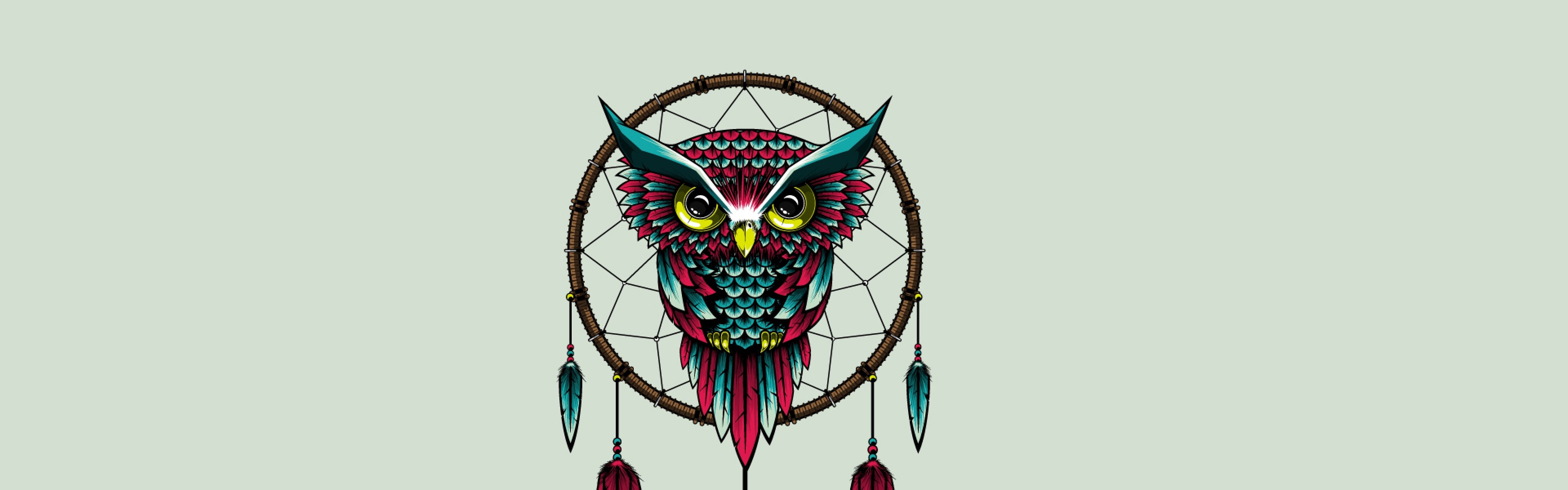 3840x1200  Wallpaper owl, bird, dreamcatcher, art