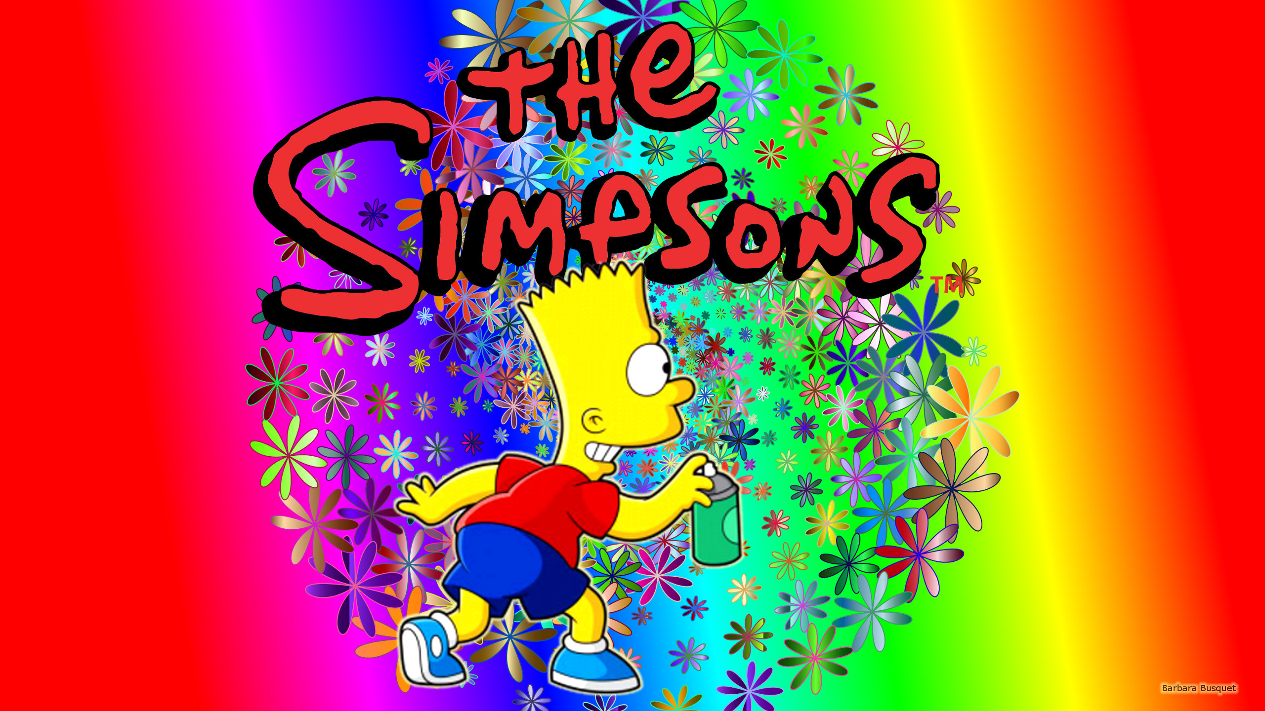 2560x1440 Colorful The Simpsons wallpaper with Bart, logo and flowers.