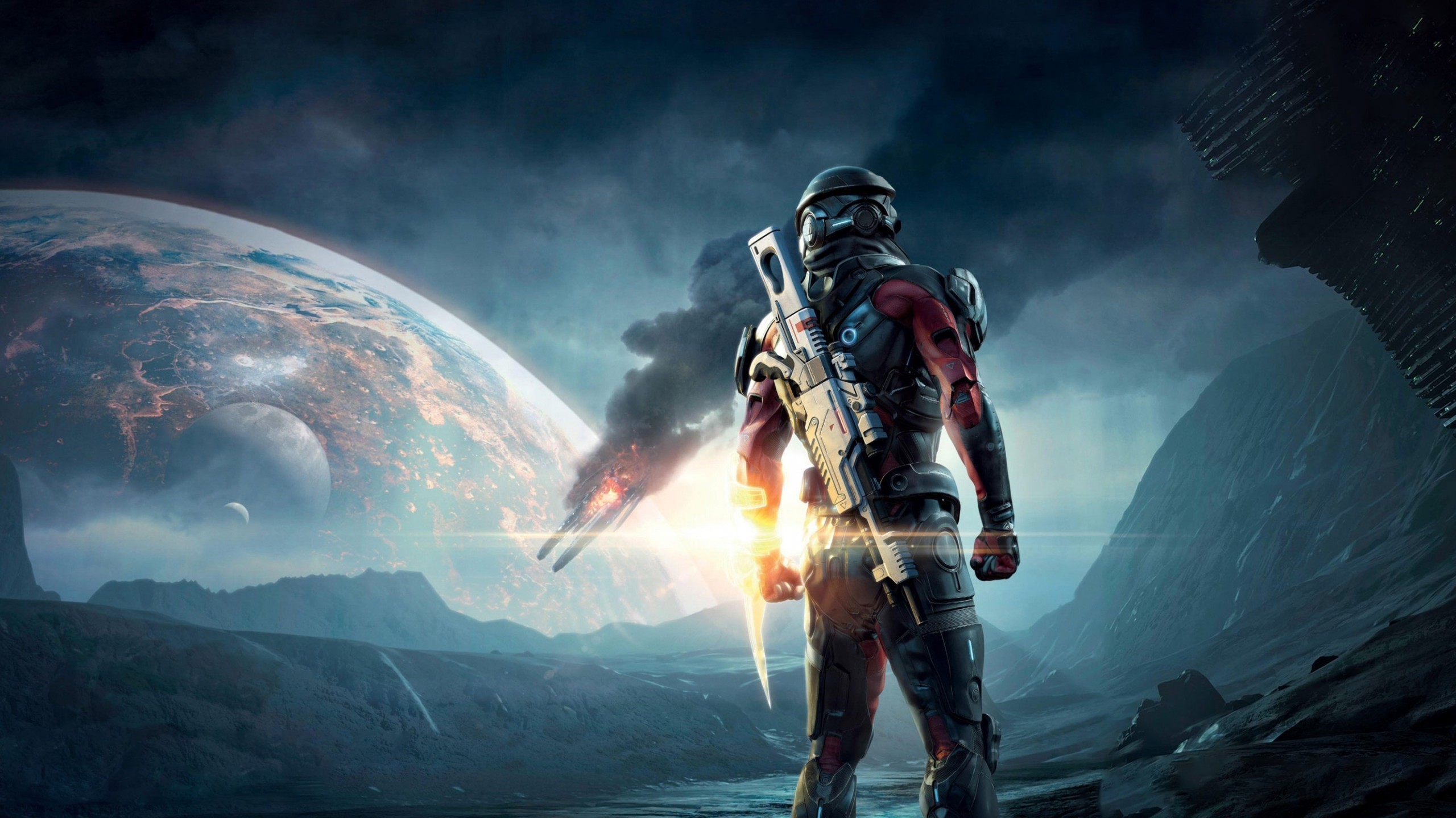 2560x1440 Mass Effect Andromeda, Armor, Gun, Planet, Spacecraft, Artwork