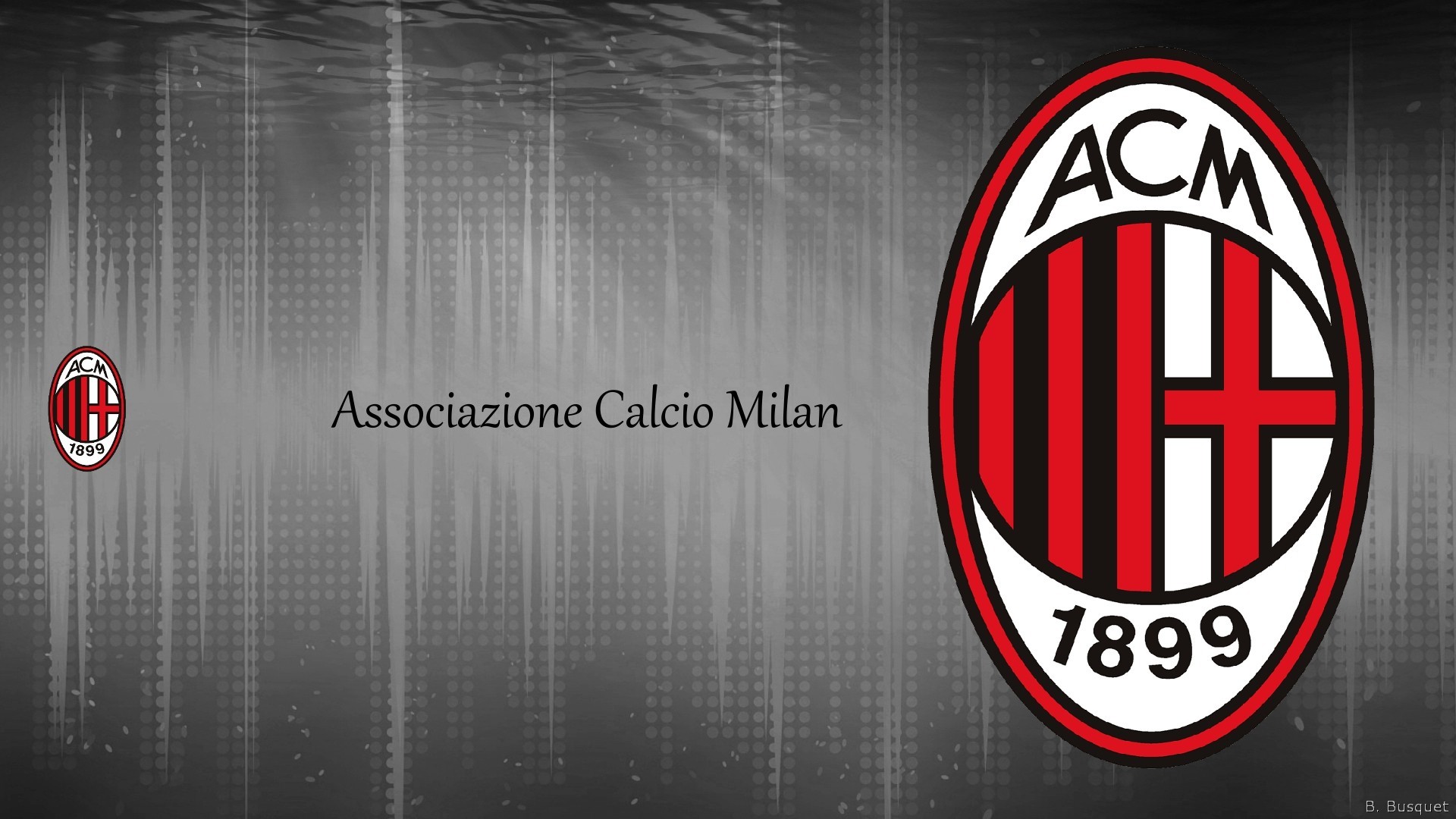 1920x1080 Gray abstract wallpaper of AC Milan. With big logo on the right, small logo  on the left and the text Associazione Calcio Milan in the center.