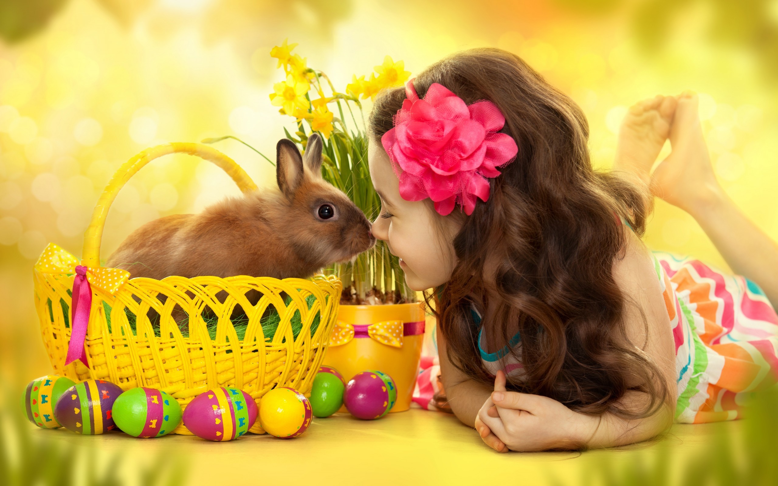2560x1600 Easter Eggs, Easter Bunny, Cute girl, HD