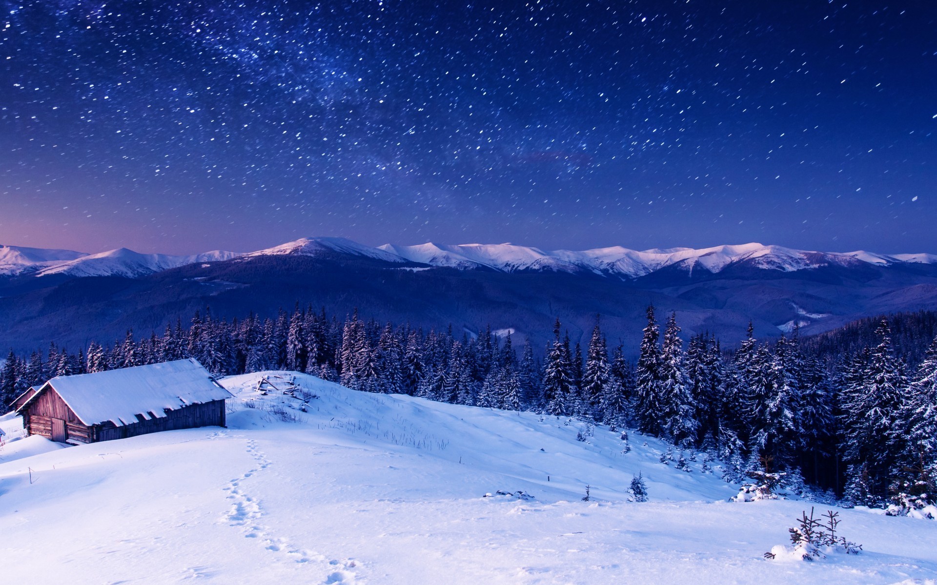 1920x1200 #winter, #mountains, #landscape, #snow, #stars, #cabin, wallpaper