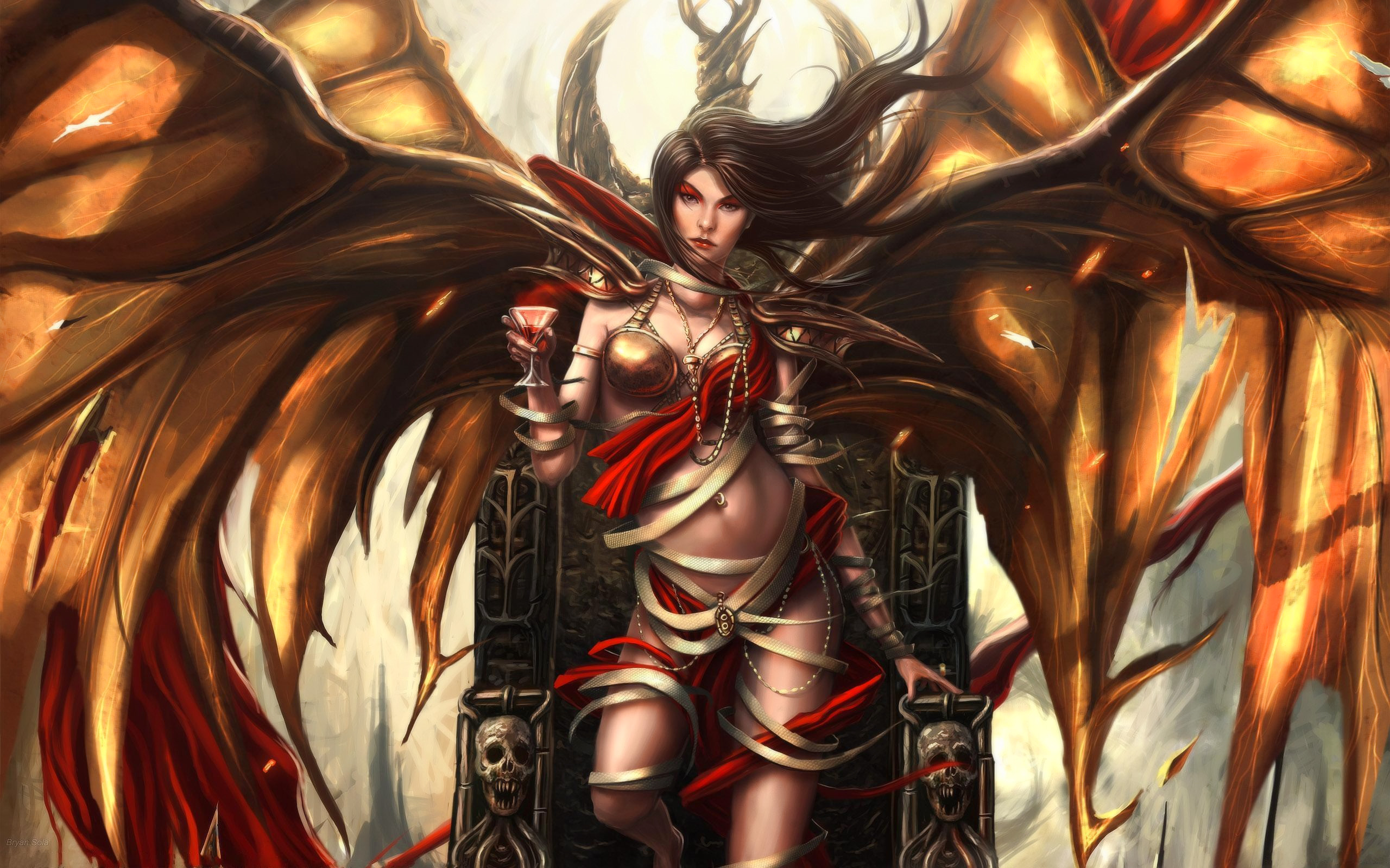 2560x1600 Fantasy Vampire Fantasy Girl Wings Demon Black Hair Necklace Wallpaper