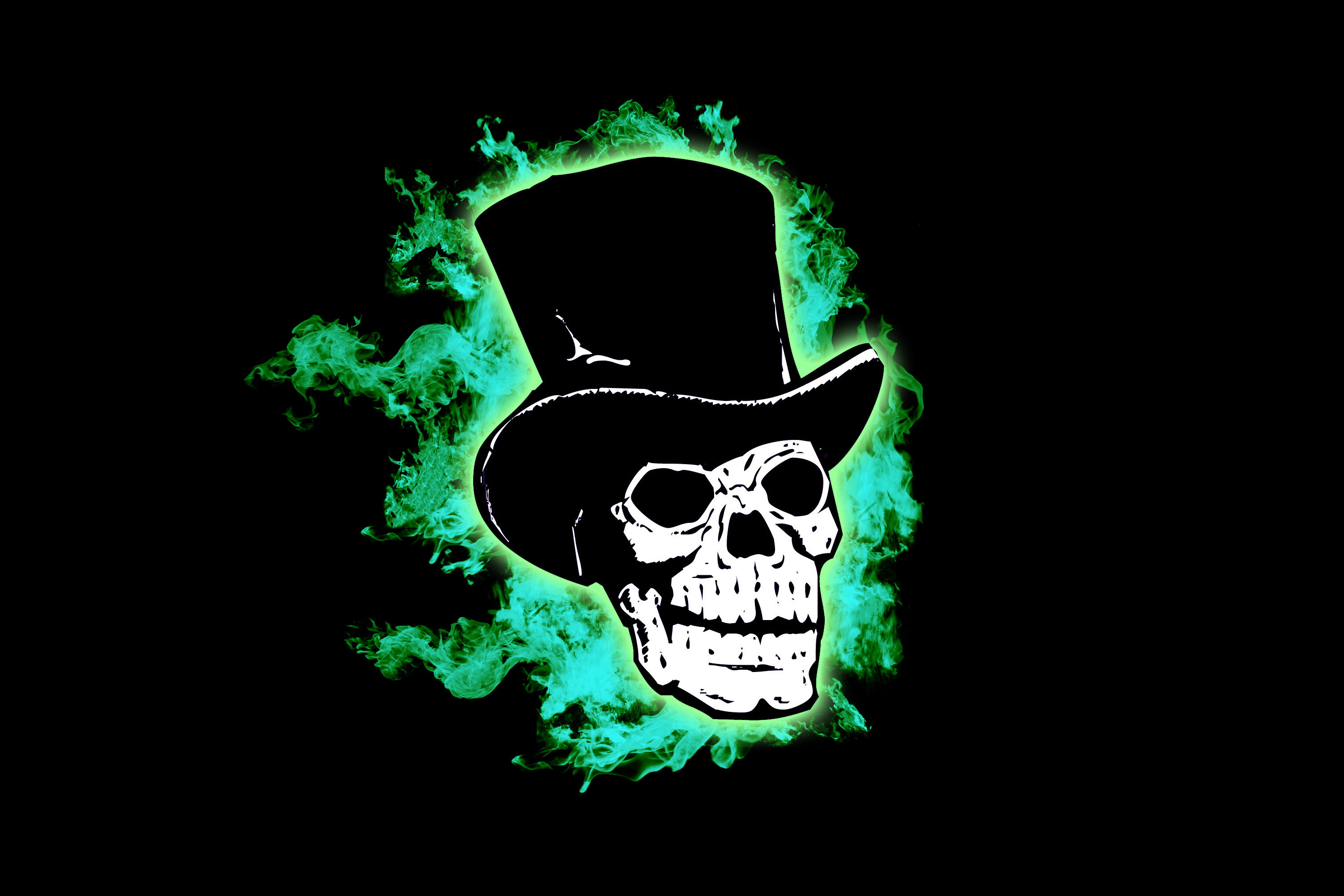 3000x2000 skull in a wearing a black top hat, with green ghostly flames