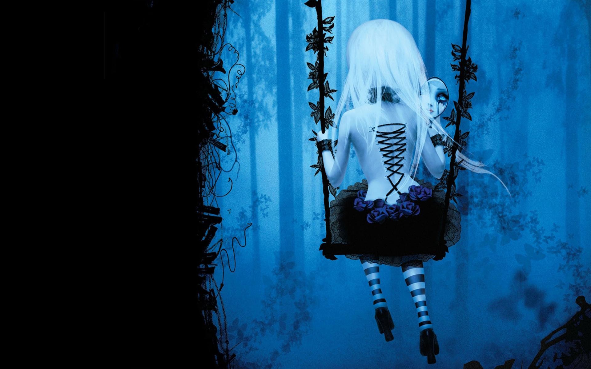 1920x1200 Dark gothic anime fantasy trees fog mood girl women swing wallpaper .