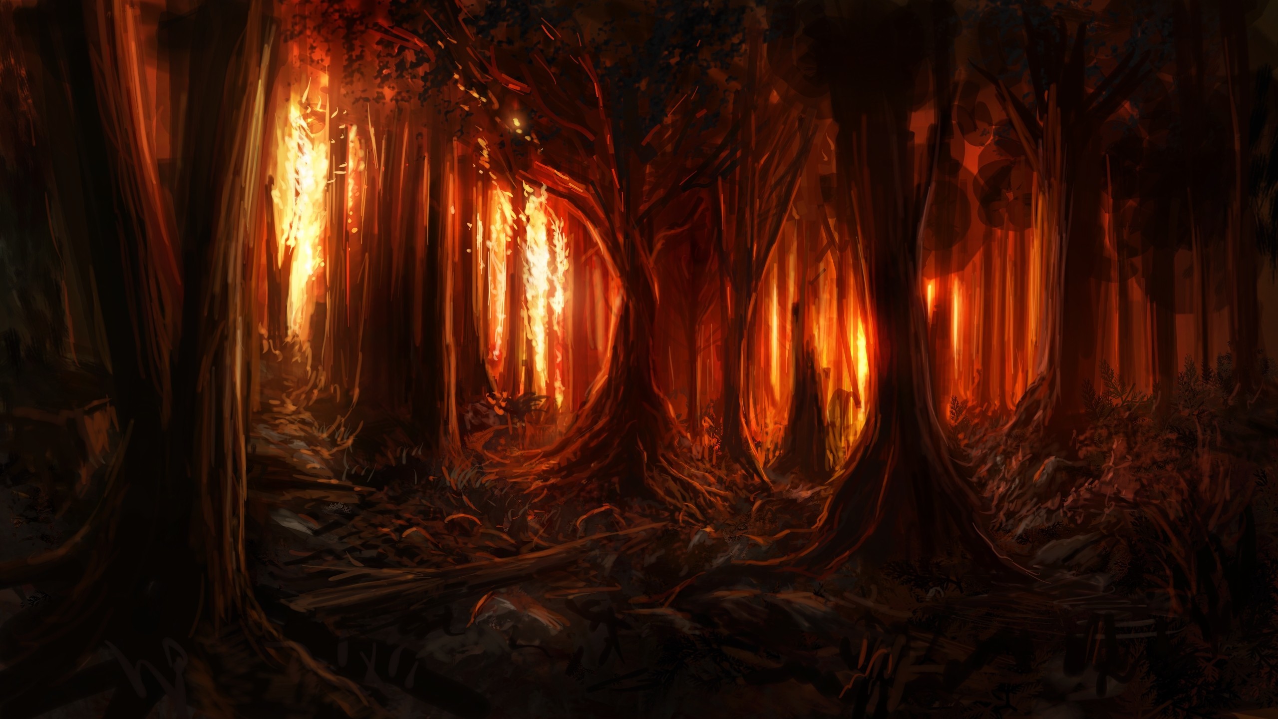 2560x1440 General  digital art nature trees forest painting burning fire  wood artwork branch