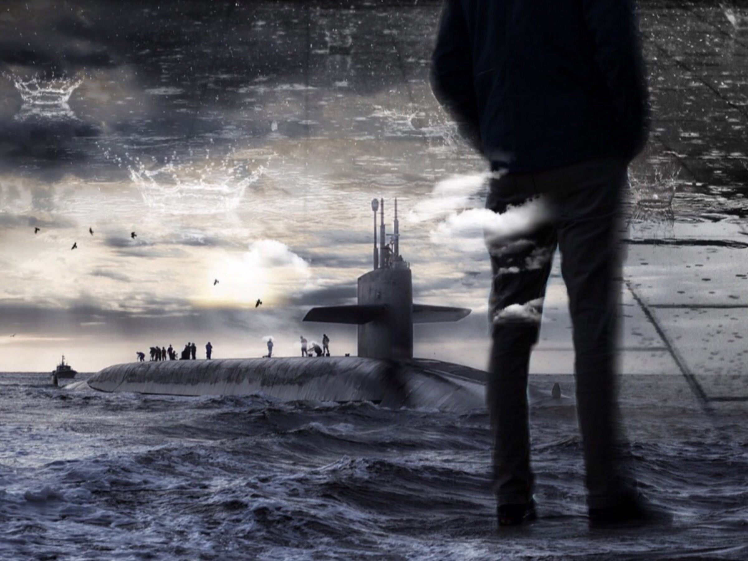 2400x1800 man's silhouette and submarine submerged in water