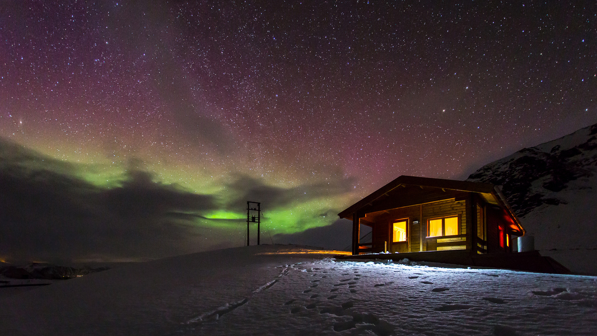 1920x1080 Desktop background aurora borealis cabin green house night northern lights  snow stars winter