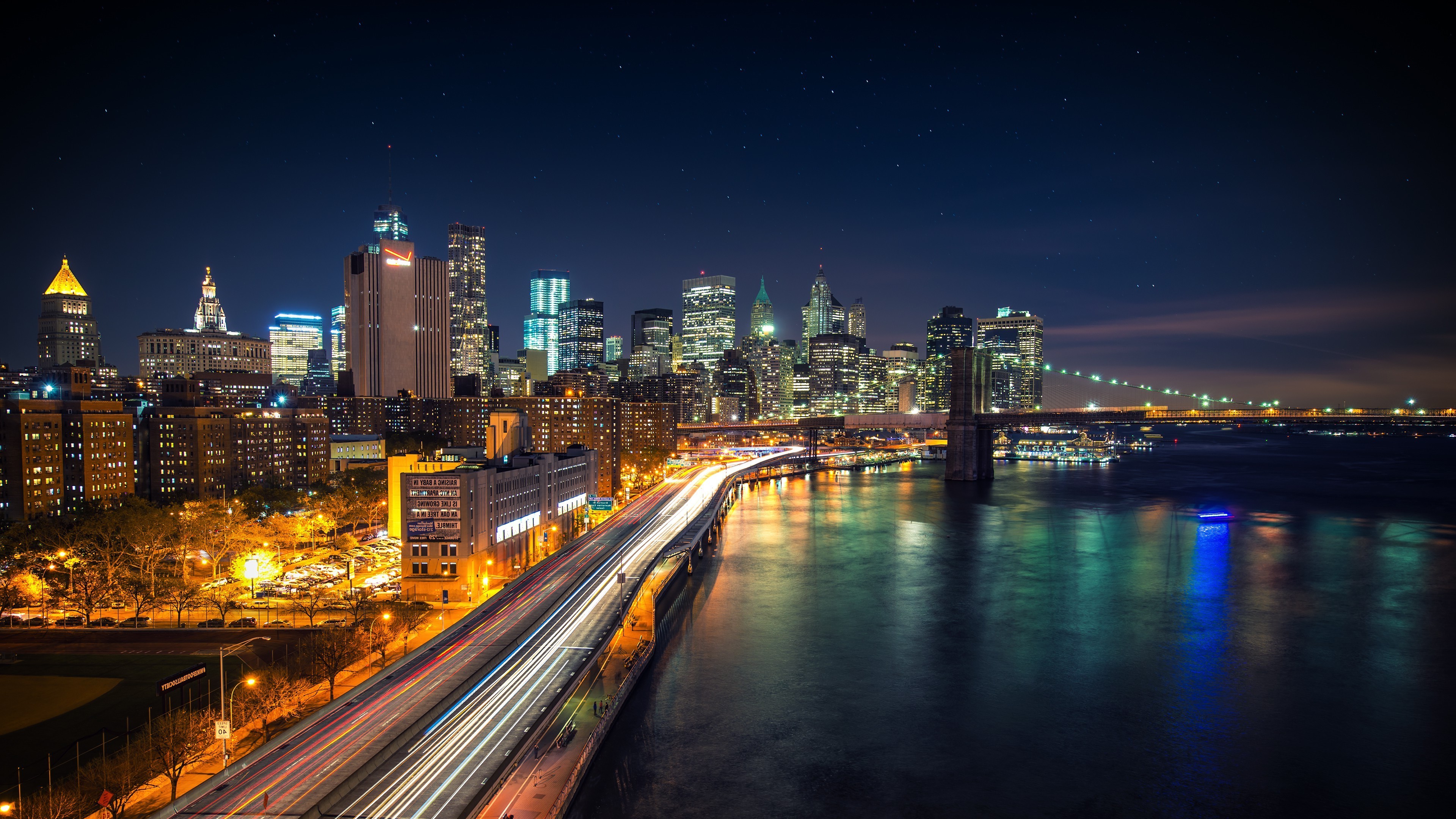 3840x2160 cityscape, New York City, Long Exposure, USA, Brooklyn Bridge, West Side  Highway, Night, Lights, City, Road, River, Bridge, Skyscraper, Stars, Light  Trails ...