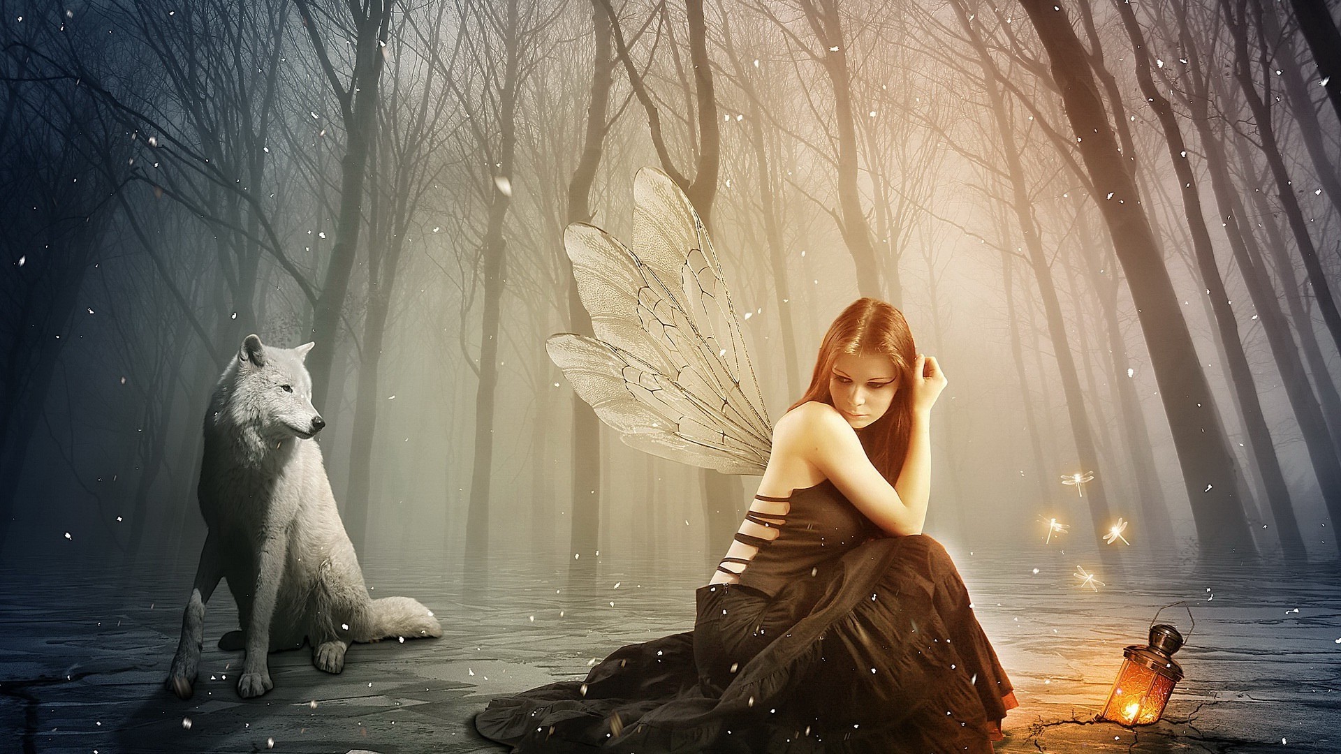 1920x1080 Beautiful Girl With Wings And Wolf Wallpaper 12457