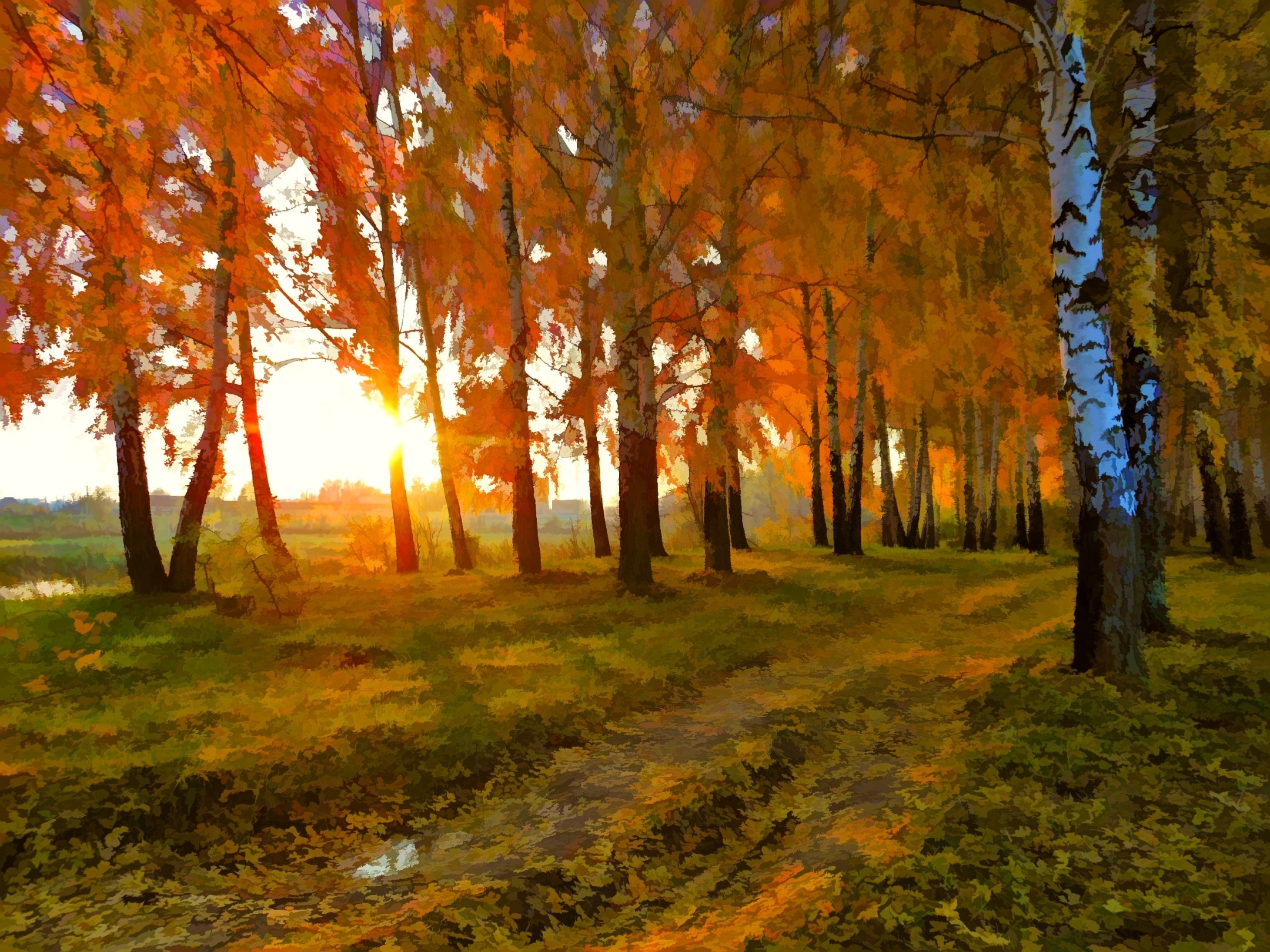 2160x1620 Drawing beauty nature landscape autumn road birch sunset wallpaper |   | 169557 | WallpaperUP