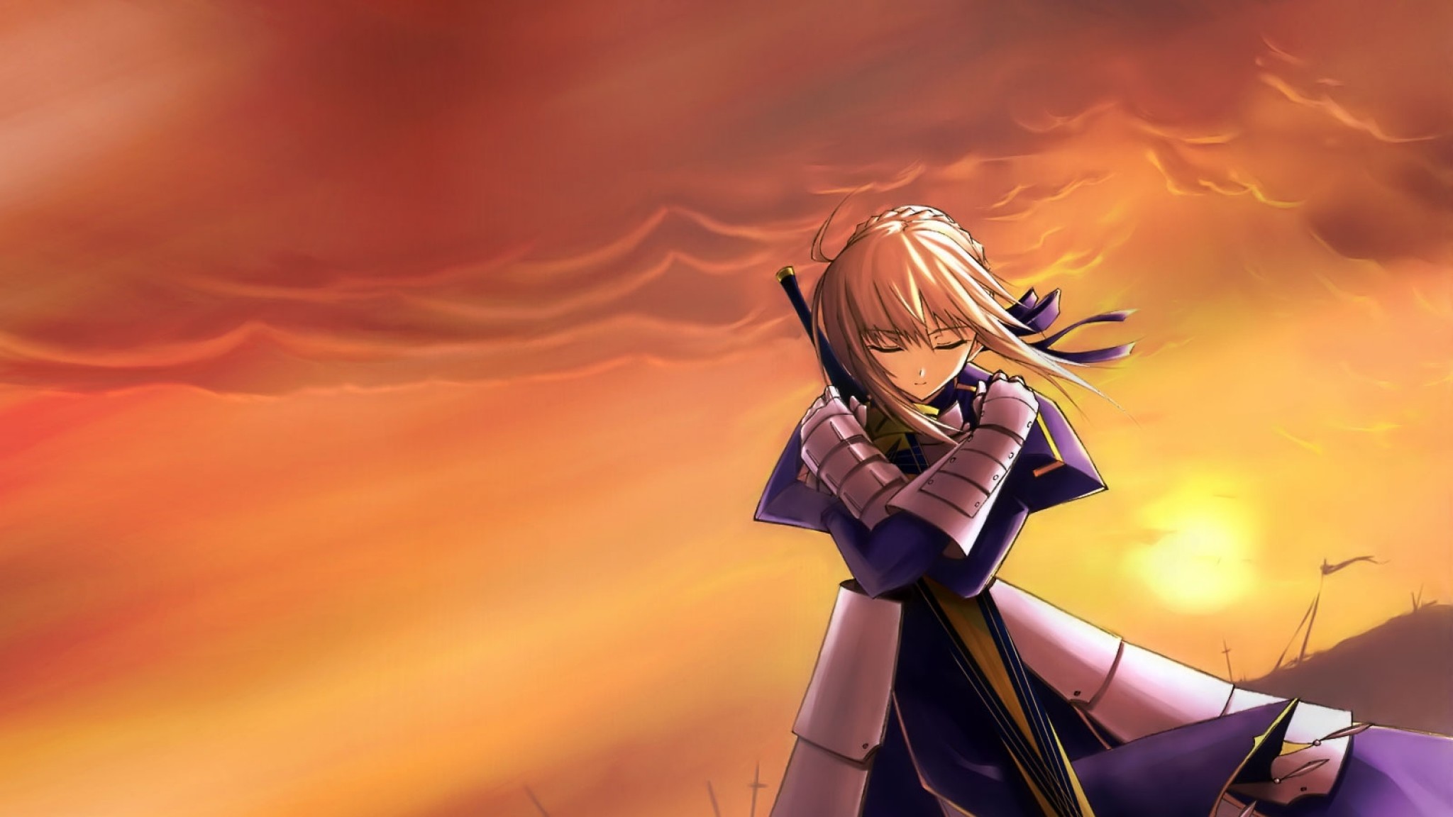 2048x1152  Wallpaper fate stay night, saber, girl, sunset, armor
