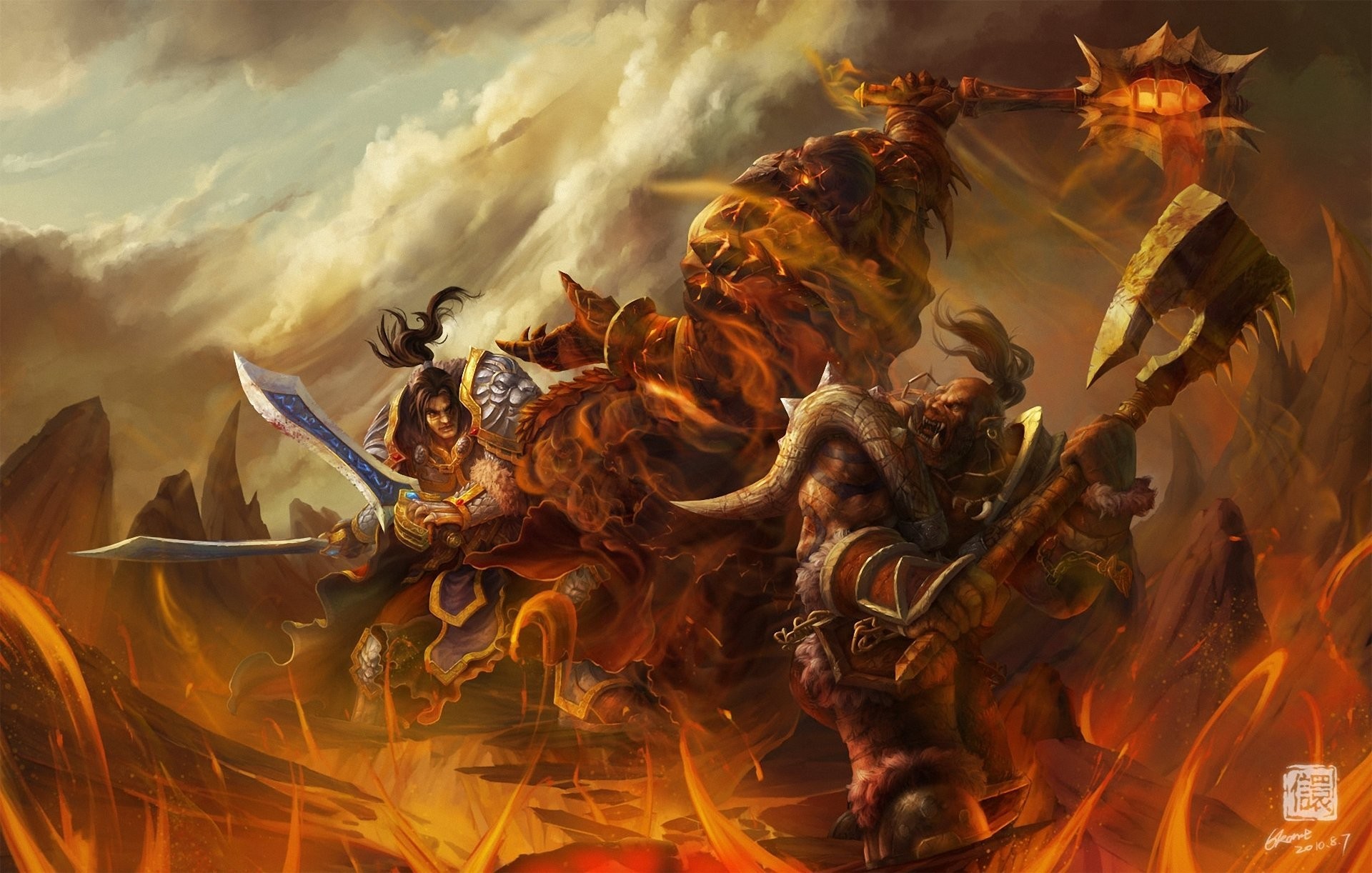 1920x1222 art wow world of warcraft battle ork warrior monster weapon fire lava rock