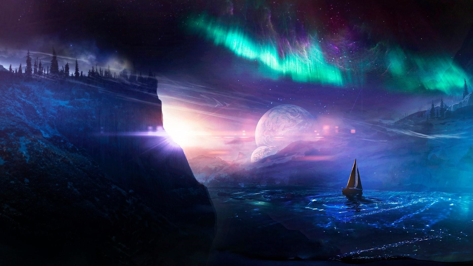 1920x1080 Sailboat under the Aurora Borealis - Fantasy art wallpaper
