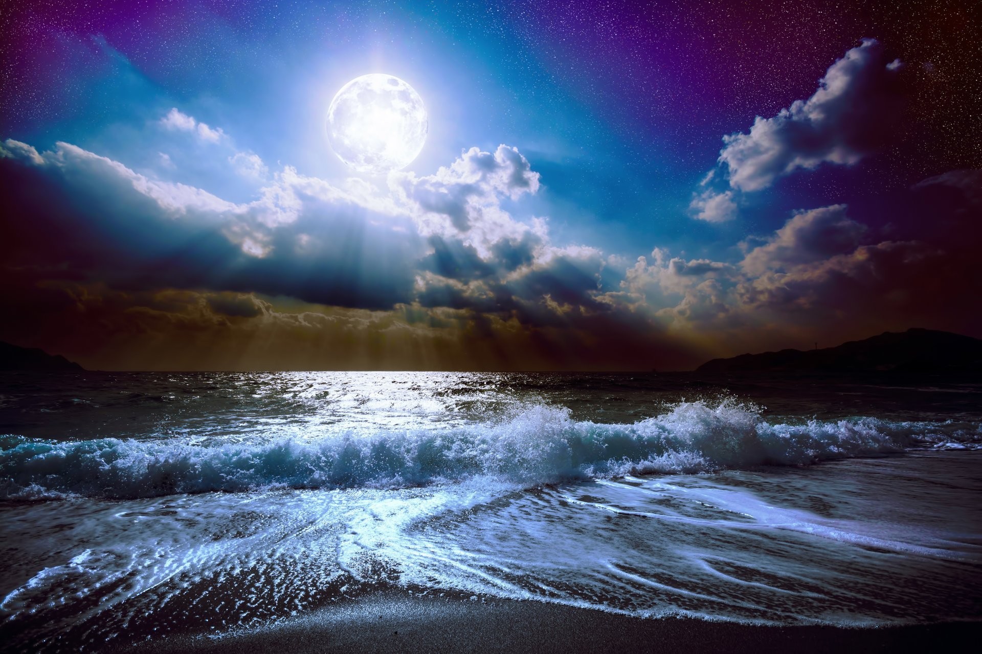 1920x1280 moonlight moon night midnight nature landscape clouds full moon sky sea  ocean waves beautiful nature moon