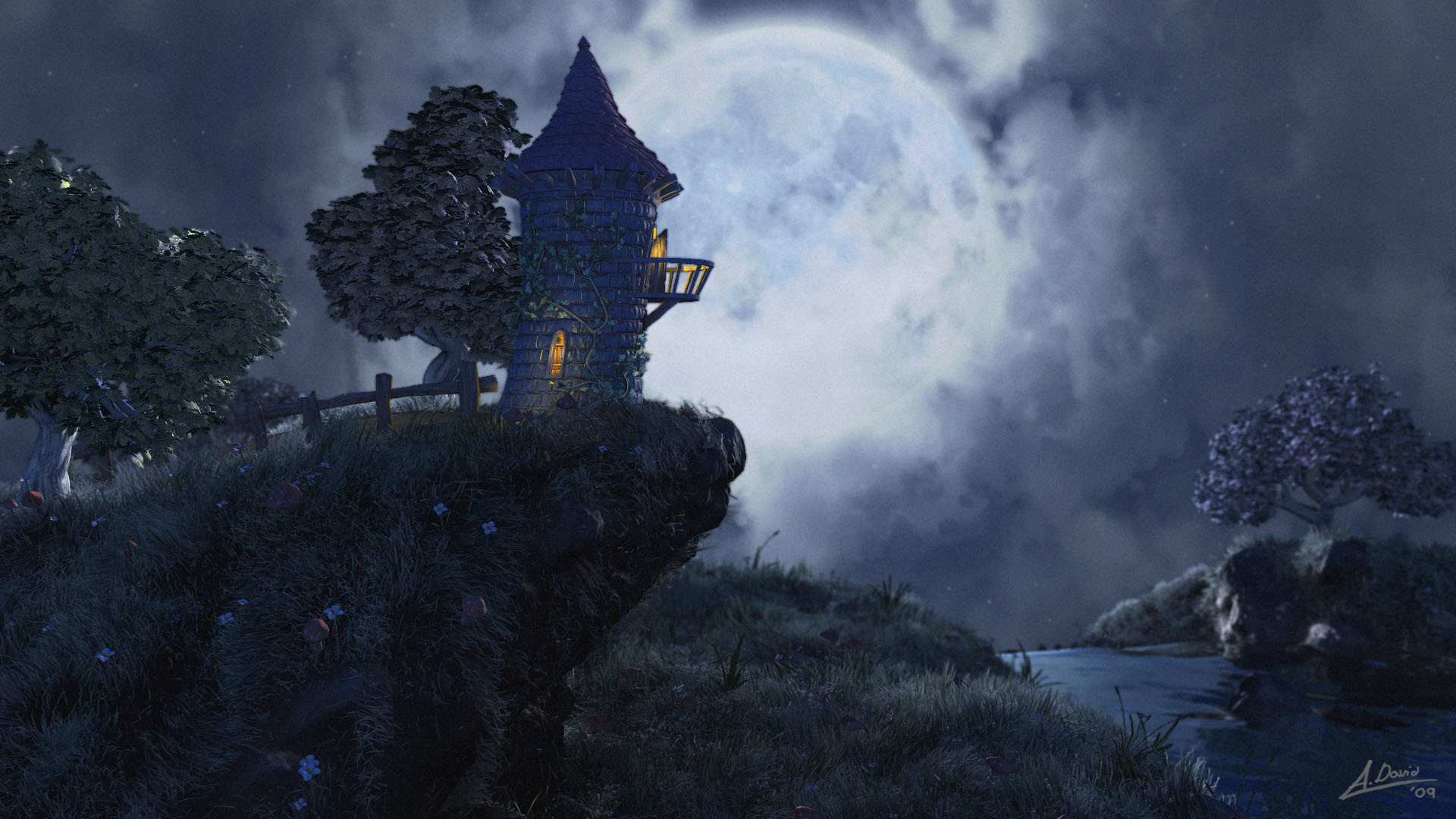 1920x1080 Wizard's home Picture landscape, architecture, moon, tower, fantasy)