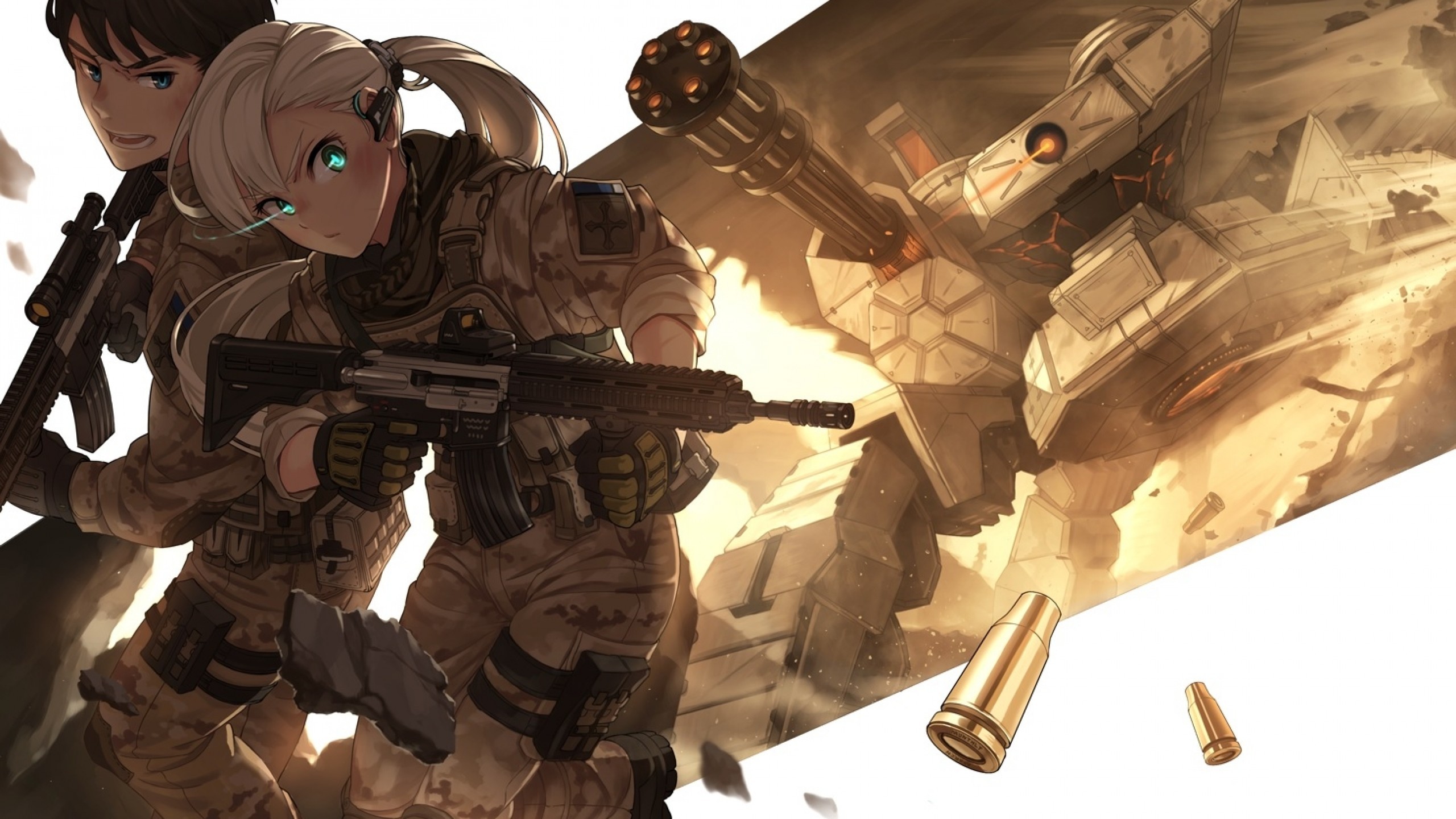 2560x1440 Anime Girl, Military, Soldier, Anime Boy, Guns, White Hair, Battle