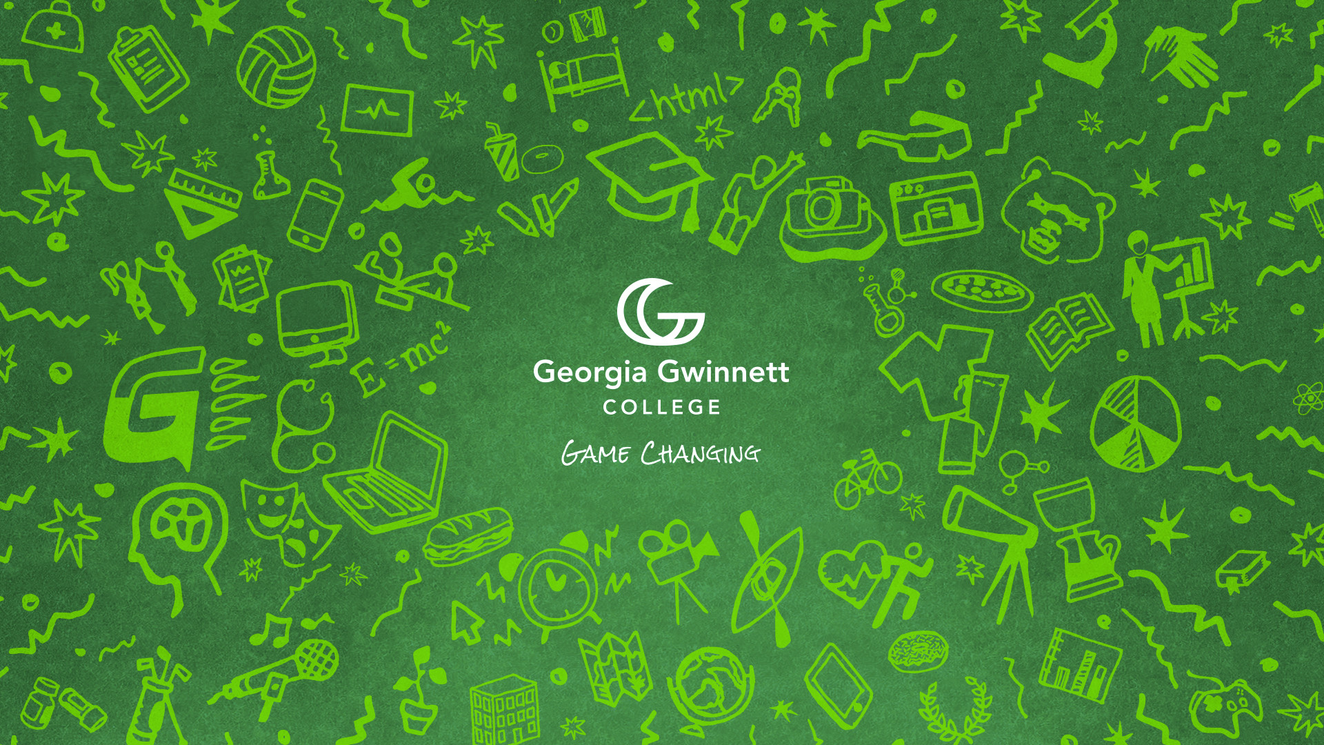 1920x1080 Georgia Gwinnett College Game Changing on dark green background surrounded  by doodles