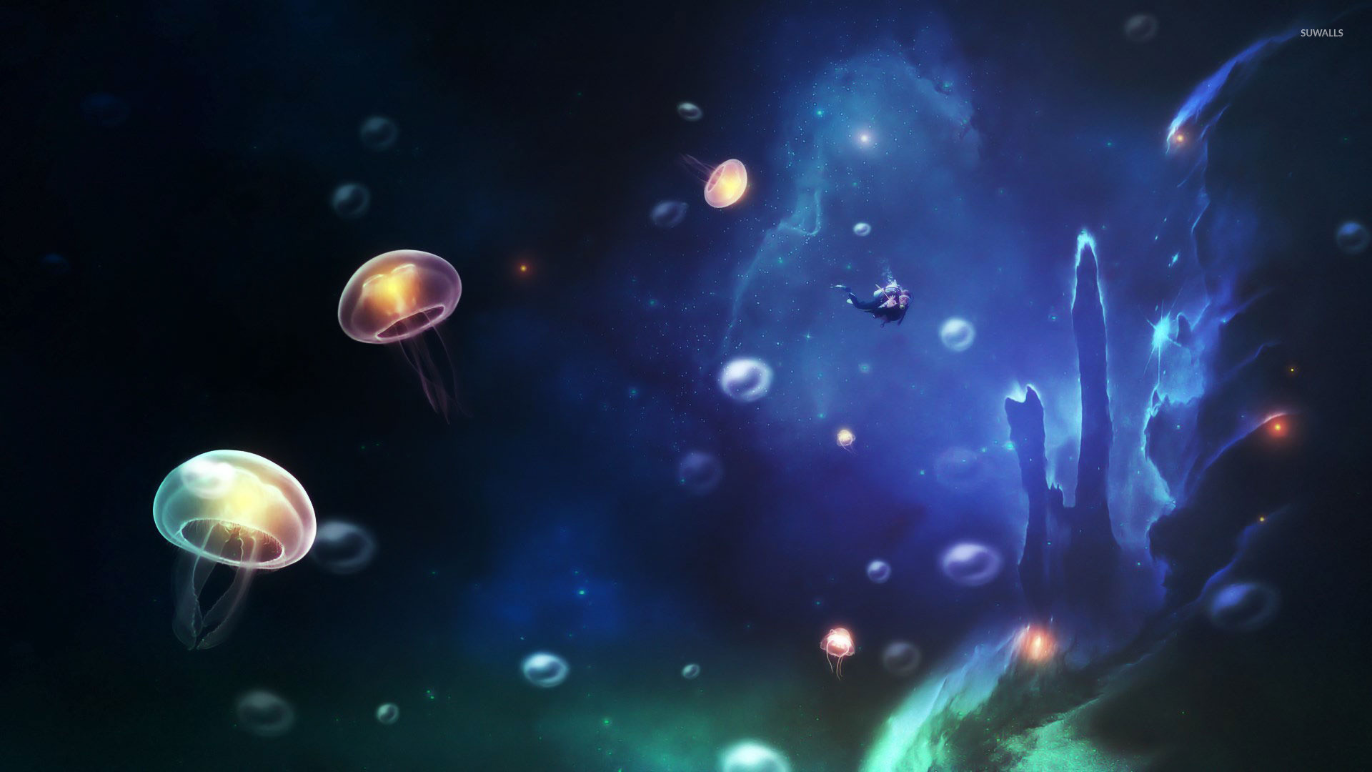 1920x1080 Scuba diver and glowing jellyfish wallpaper